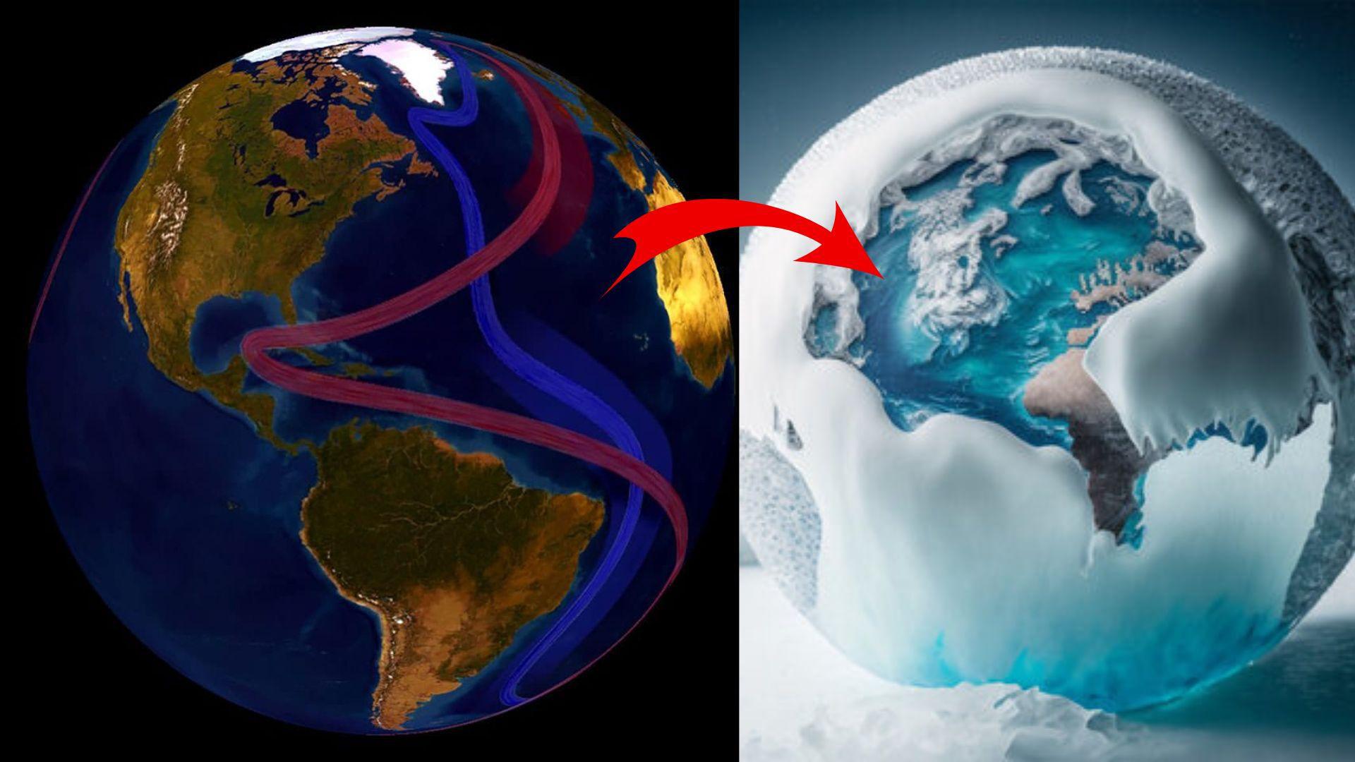 Digital illustration of ocean currents on planet Earth/Digital illustration of a frozen globe