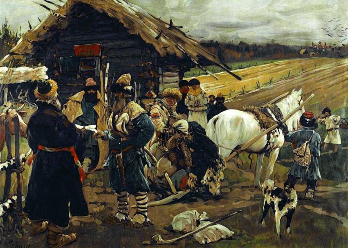 Russian traders dressed in thick clothing depicted in a painting