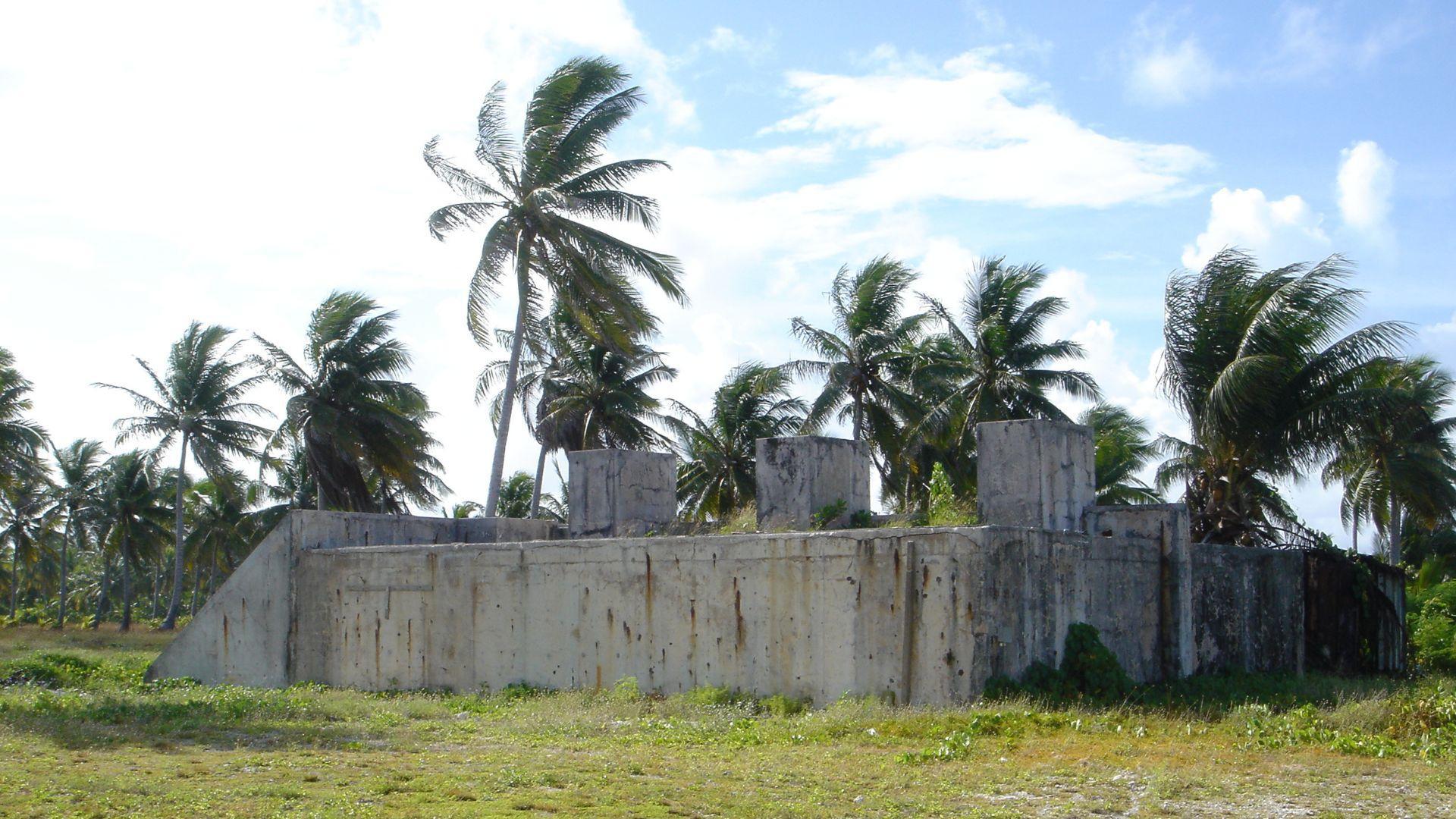 A modern-day photo of what an old nuclear testing site in Bikini Atoll in the Marshall Islands looks like, with palm trees and grass around gray concrete.