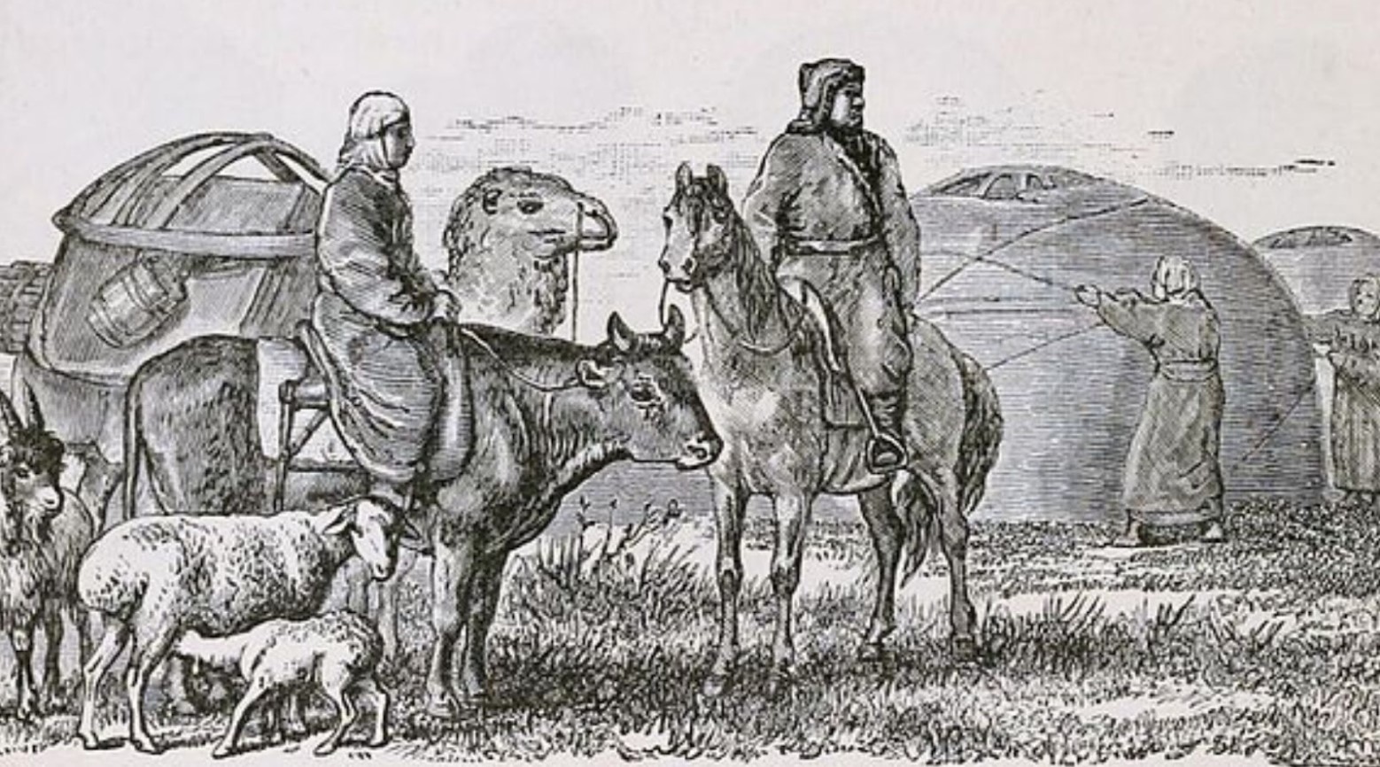 A black and white drawing of some nomadic tribes in Asia. One person is on top of a horse and the other is on top of a cow. They are surrounded by a camel, sheep, and a donkey.