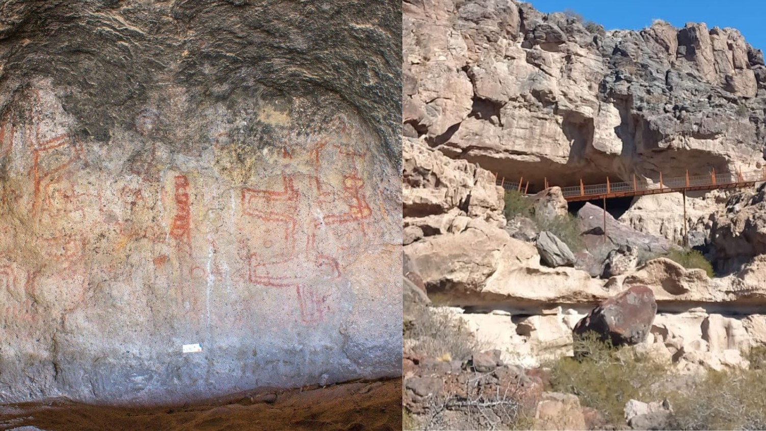 A photograph of the exterior of the Cueva Huenul site/Image of one portion of the drawings inside the cave of Cueva Huenal