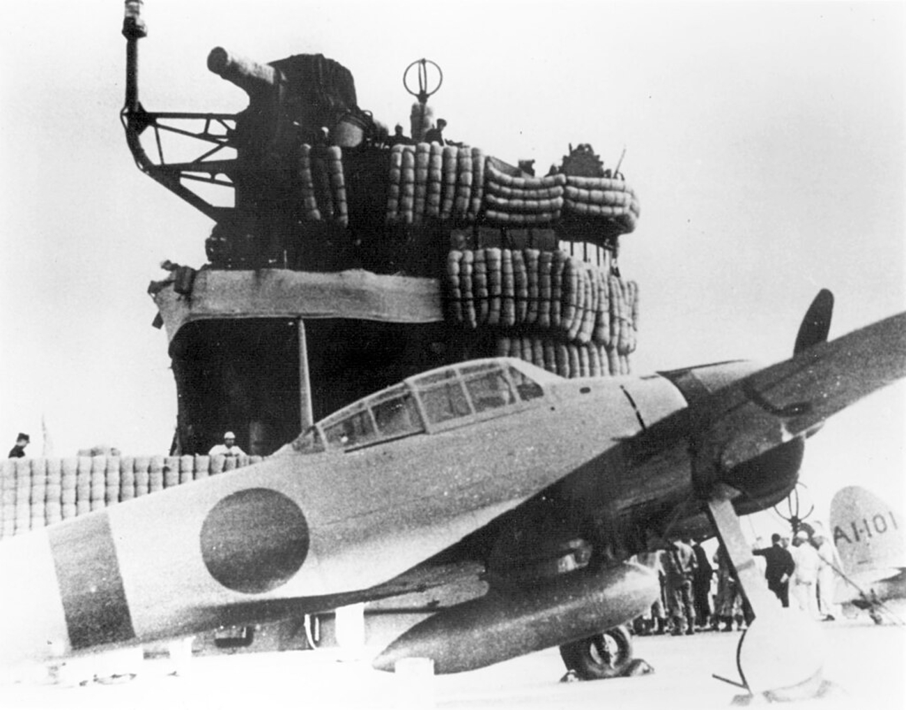 An Imperial Japanese Navy Mitsubishi A6M Zero fighter on the aircraft carrier Akagi on the way to Pearl Harbor, December 7, 1941