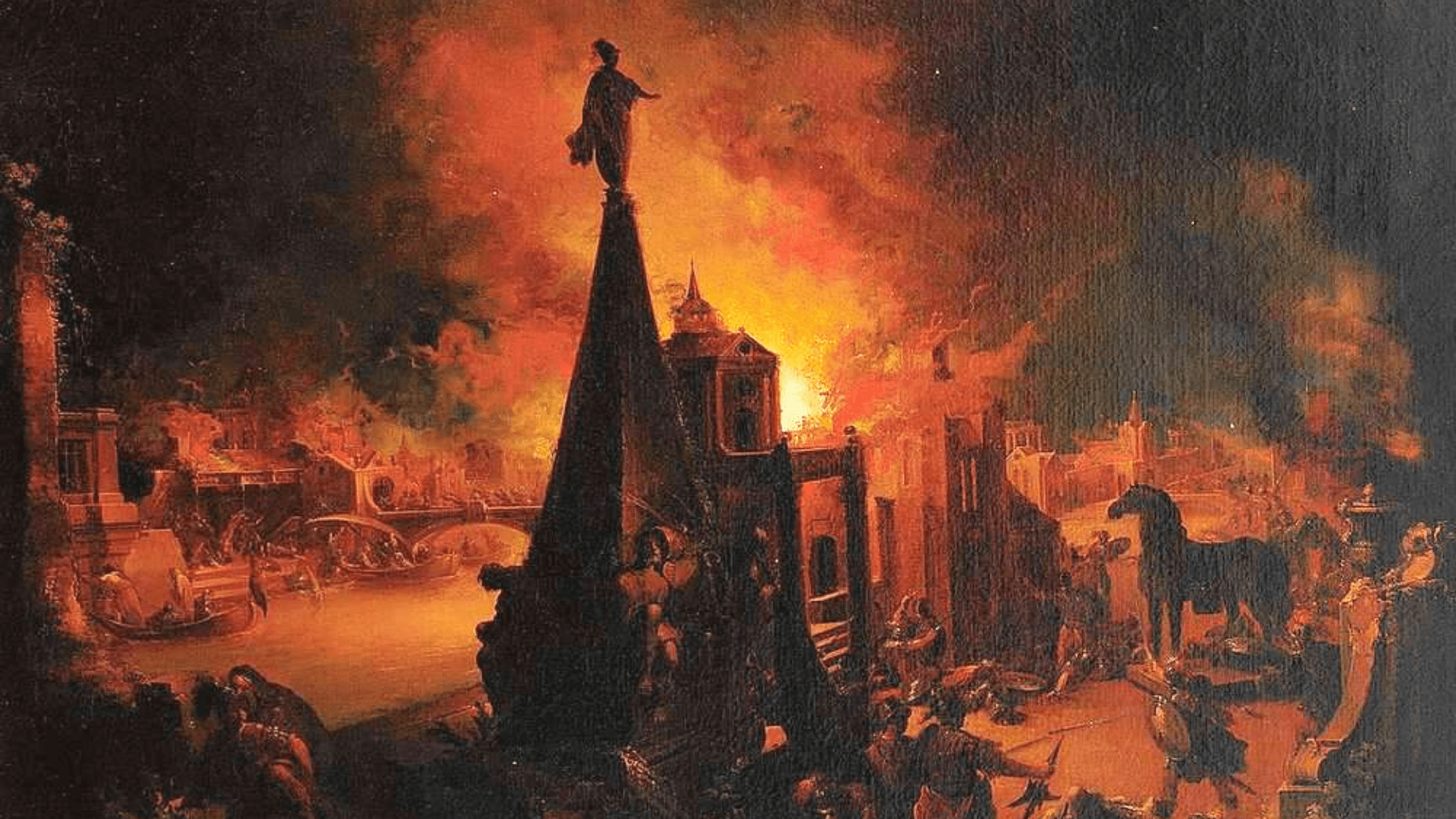 Johann Georg Trautmann’s oil-on-canvas painting View of Burning Troy, depicting the sack of Troy, with the Trojan horse visible on the right side.