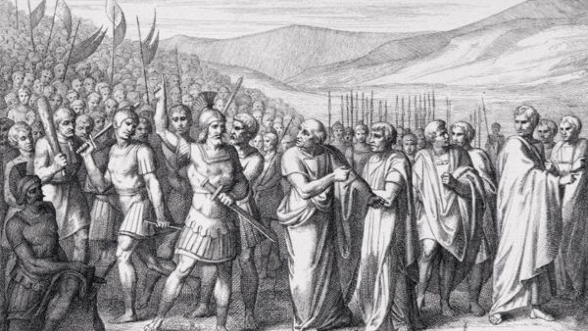 Black and white engraving depicting a scene from ancient Rome. In the foreground, a group of men wearing traditional Roman togas and tunics are gathered, some engaging in discussion while others seem to be listening attentively. Behind them is a crowd of soldiers carrying spears and shields, with a few figures prominently holding up Roman standards