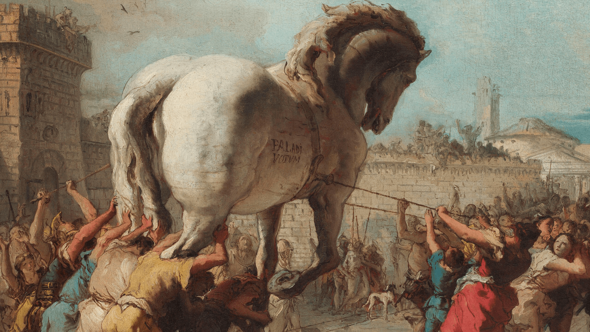 Giovanni Domenico Tiepolo’s painting The Procession of the Trojan Horse in Troy, depicting the Trojan horse being drawn into the city by ropes as well as pushed from the hind legs.