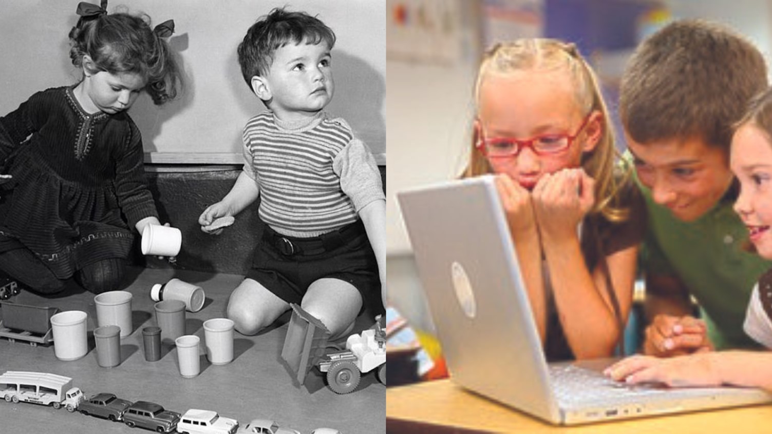 Two young children pictured playing with their toys in the 60s/Modern era kids pictured playing on a laptop