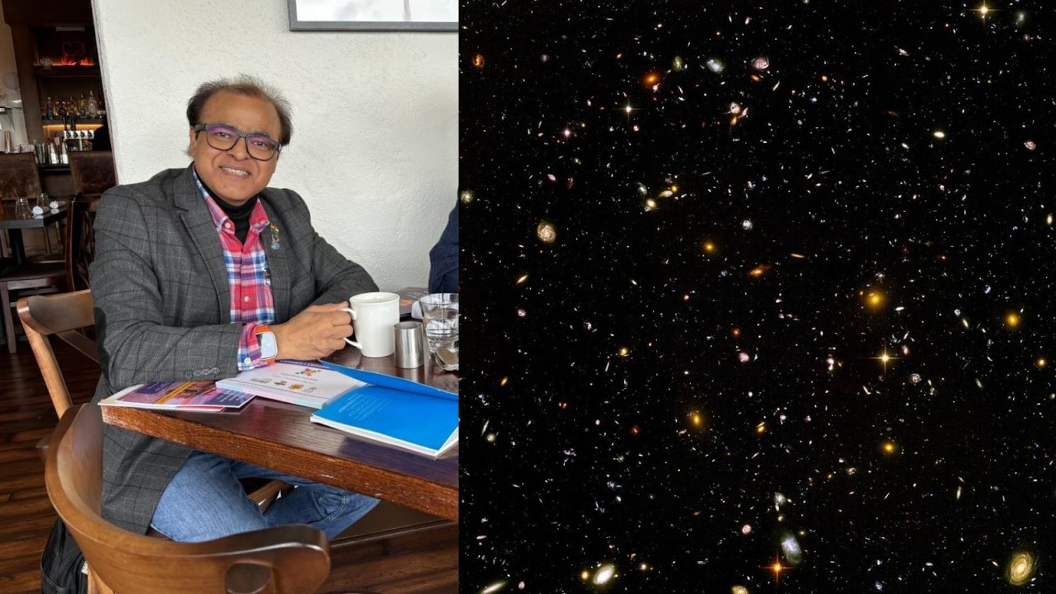 Rajendra Gupta, a physics professor, is pictured seated at a table alongside a colleague/An image taken of the universe by the Hubble Ultra-Deep Field telescope
