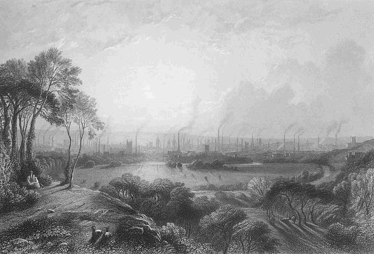 An 1840 portrait of Manchester's factory chimneys known then as Cottonopolis for its immense textile production