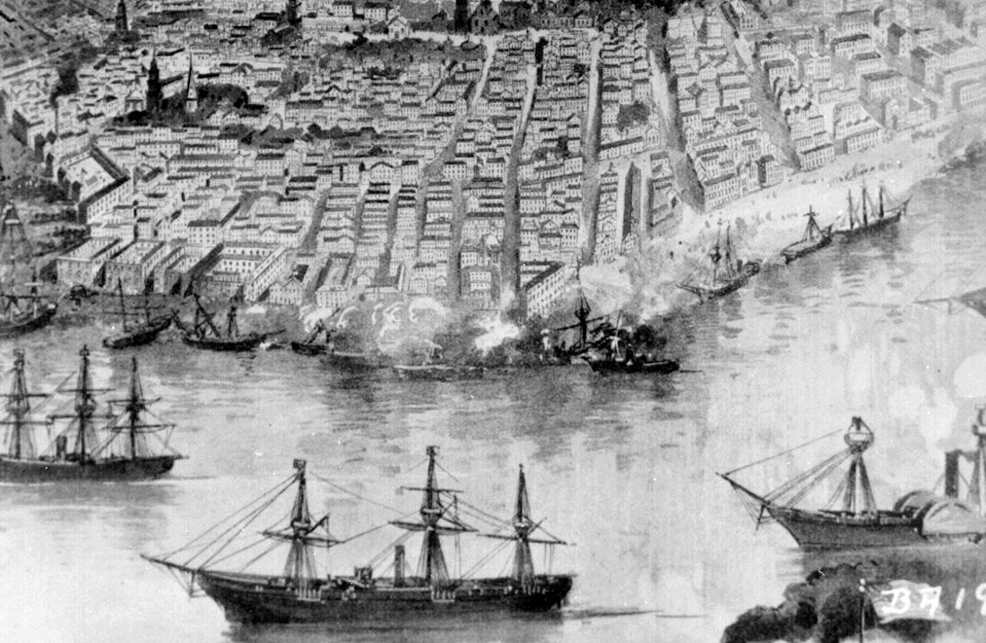 A grayscale drawing of the Capture of New Orleans