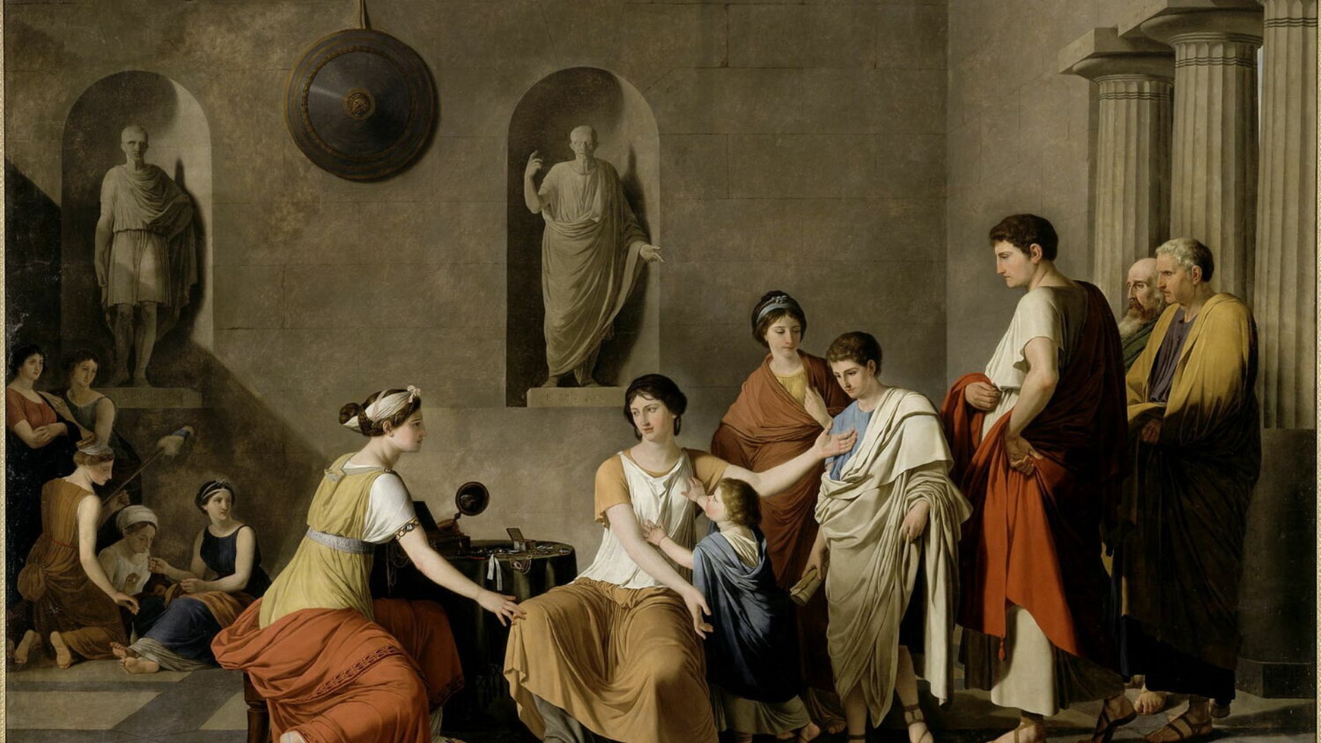 An oil painting depicting a scene from the Roman Republic. The artwork features a central group of women dressed in tunics and stolas, engaged in conversation or focused on a young boy. To the right, three men in togas stand solemnly with contemplative expressions, one young and two elderly, looking towards the women