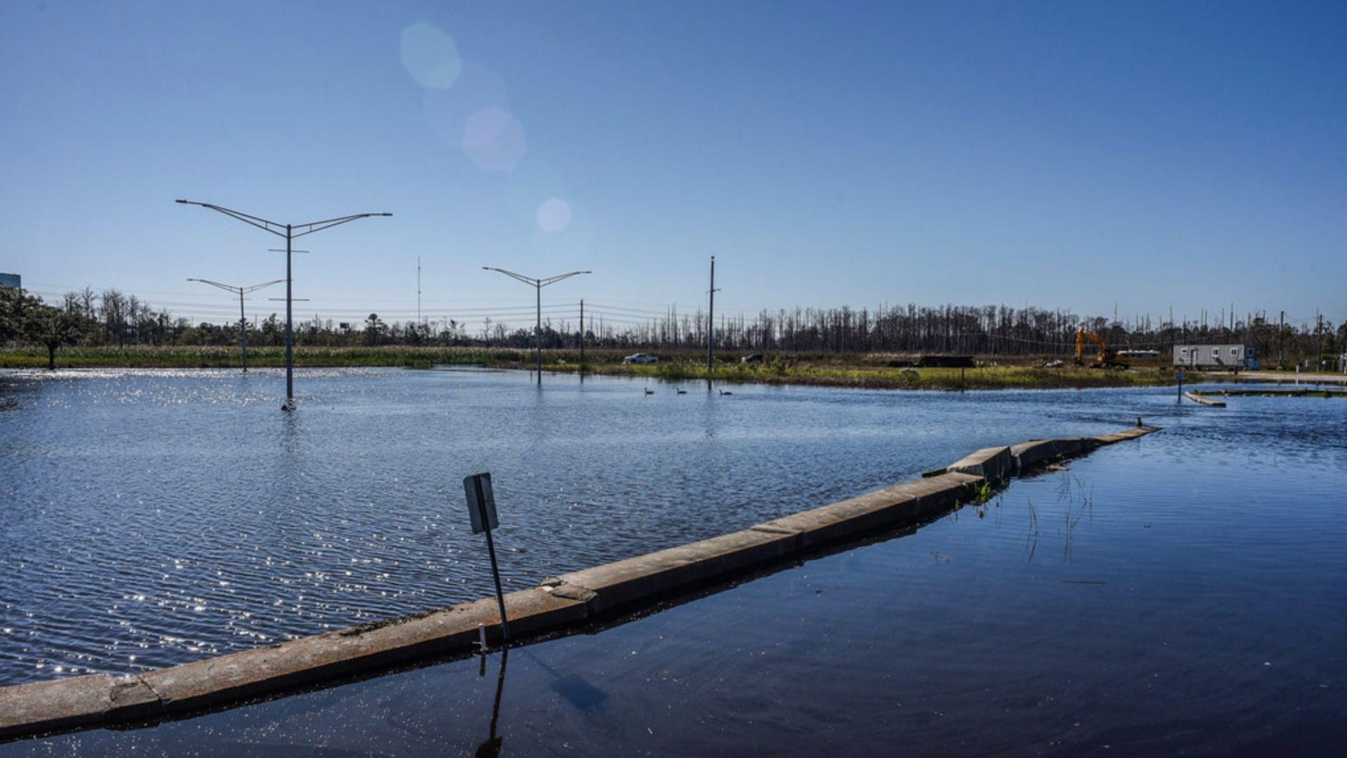 An expansive flooded area under a clear blue sky, with partially submerged streetlights and electrical poles arranged in rows