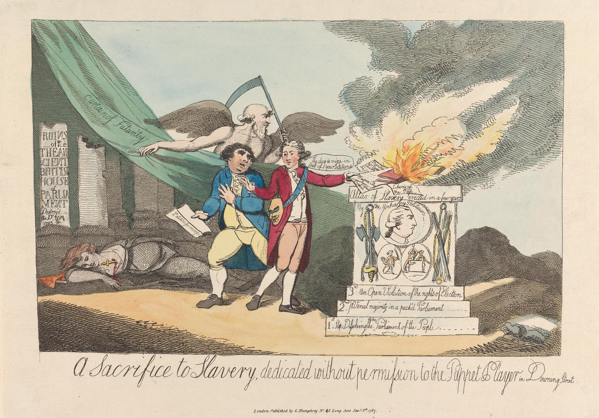 A political cartoon of a man making a sacrifice for his wants
