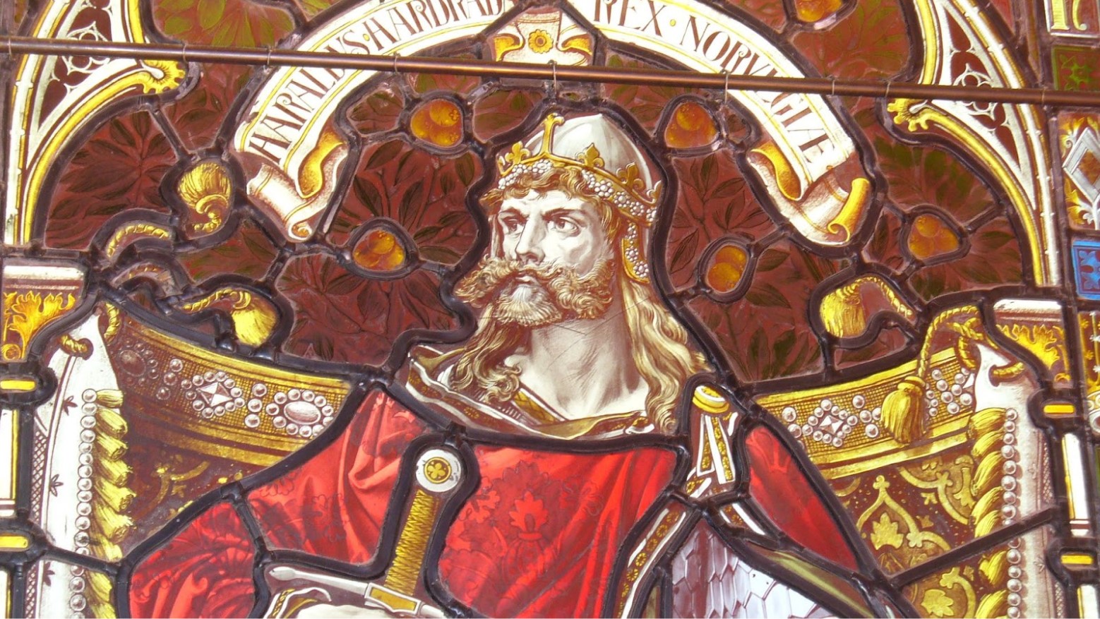 A stained glass painting of the king of Norway Harald III Sigurdsson.