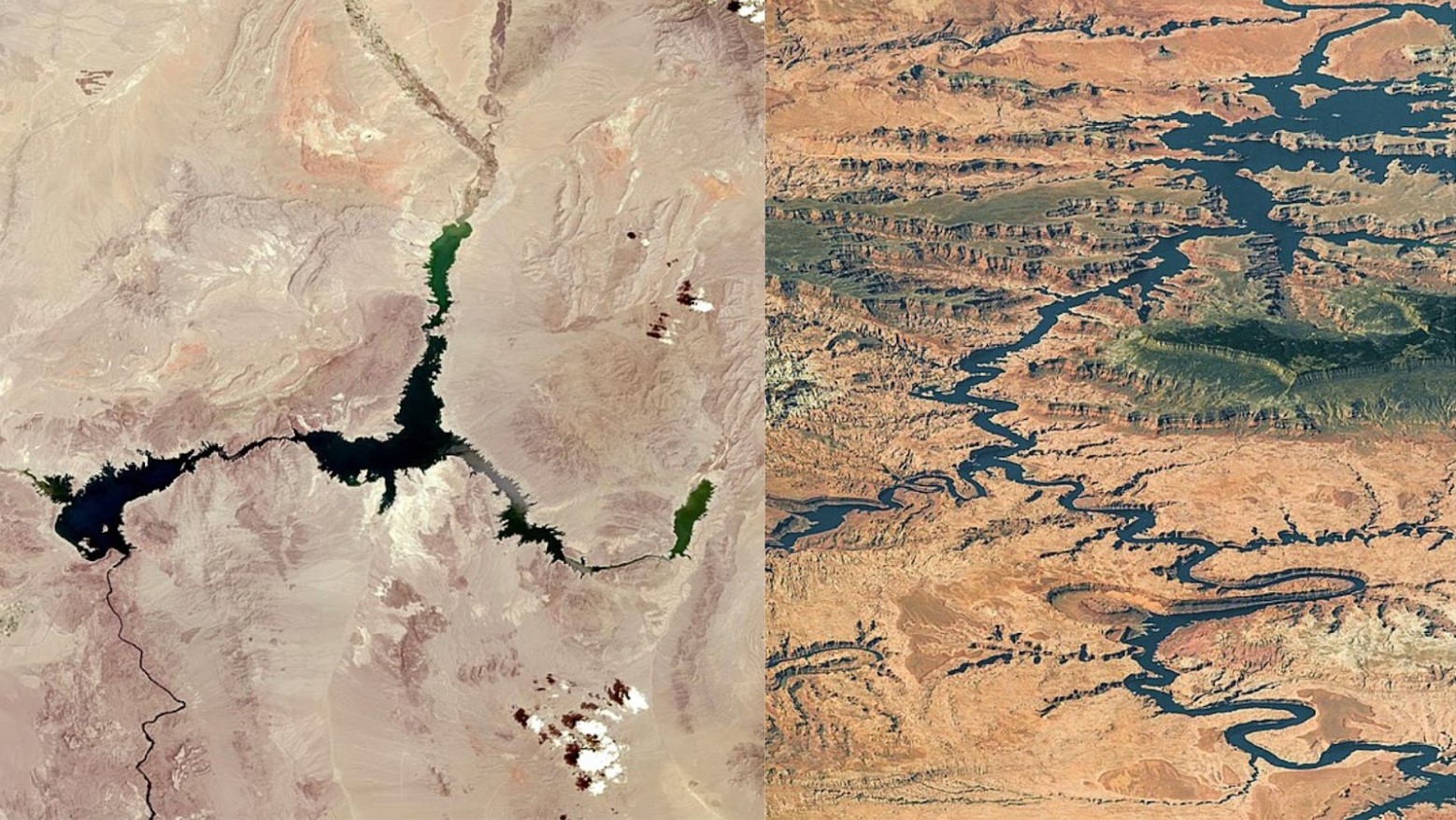 Satellite true color image of Lake Mead on July 19, 2022, during the 2020-22 North American drought/Lake Powell and Grand Staircase–Escalante from space