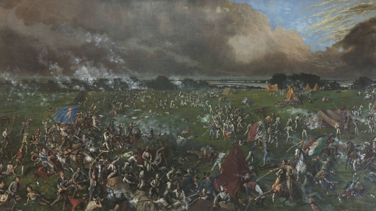 An 1800s painting by Henry Arthur McArdle depicting the Battle of San Jacinto.