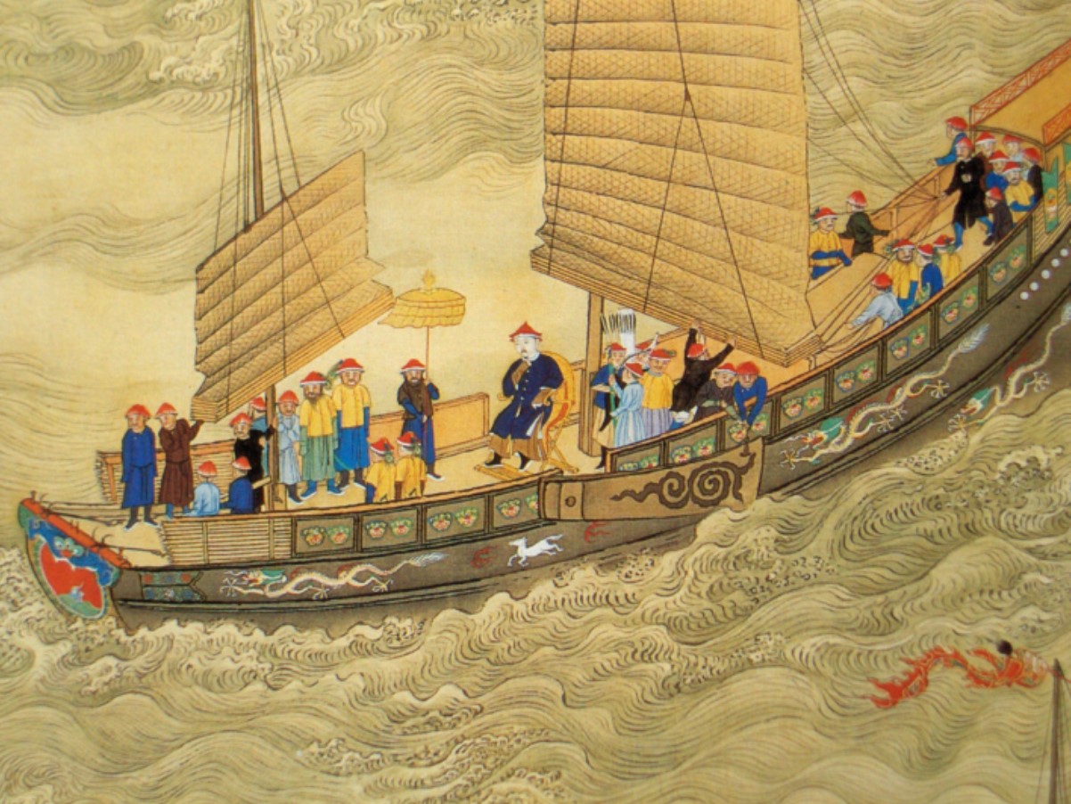 A depiction of a large Chinese ship sailing across an ocean