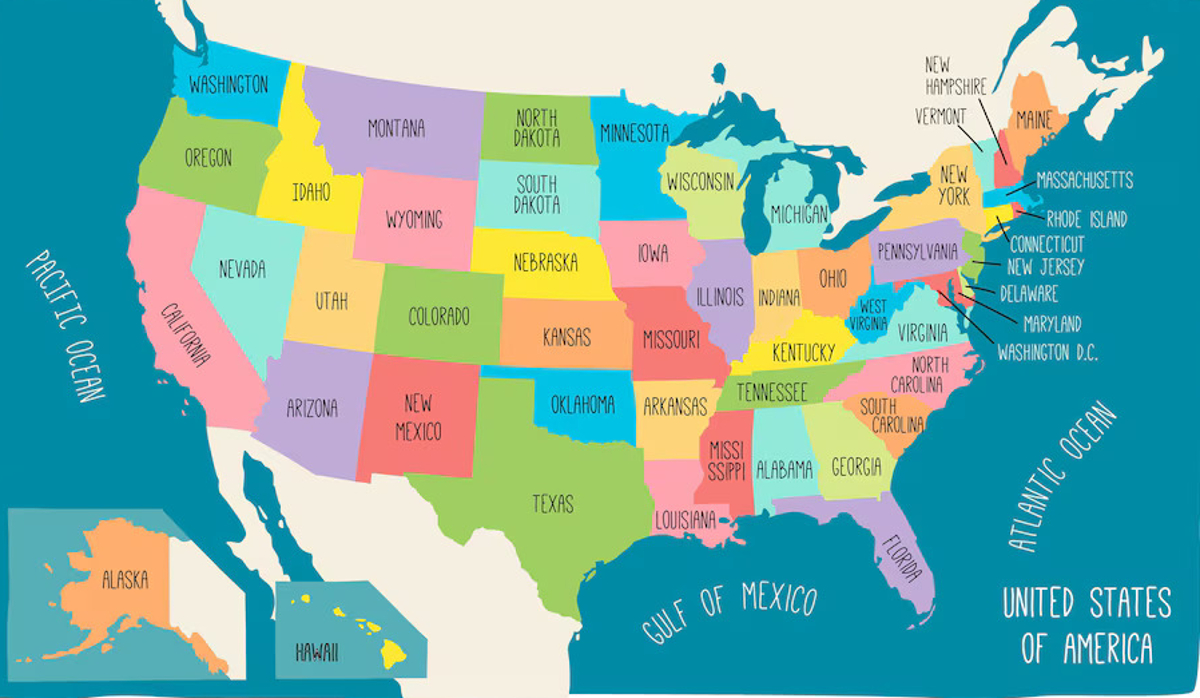 Map of the United States with the names of each state