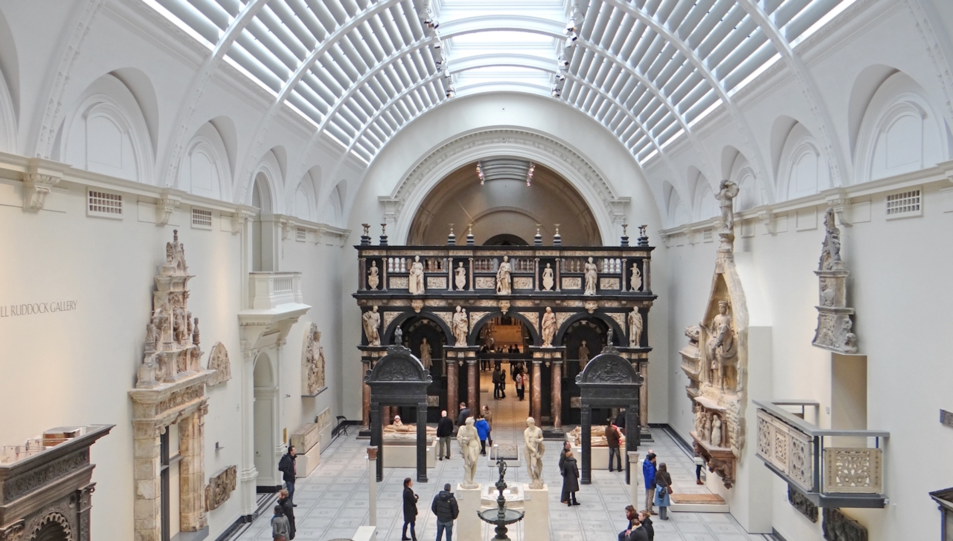 A wide shot of an interior shot of the Victoria and Albert Museum in London