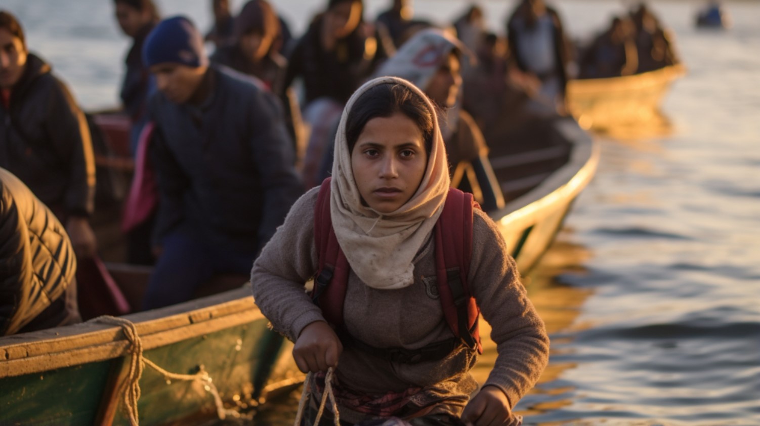 A photograph of several boats filled with humans during a migration