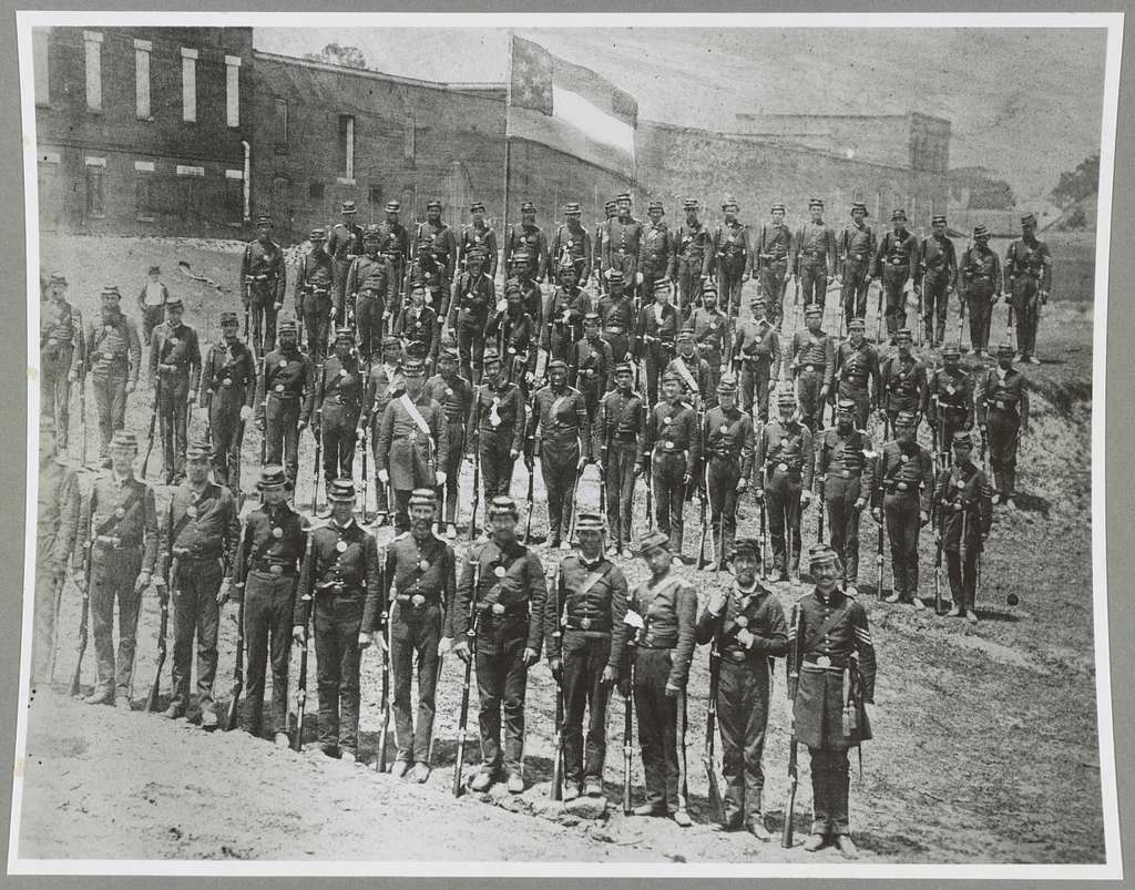 A gray scale image of soldiers in the Civil War