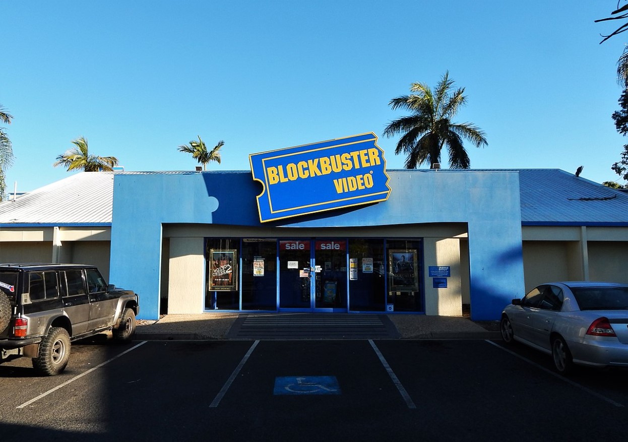 The entrance of a Blockbuster Video building