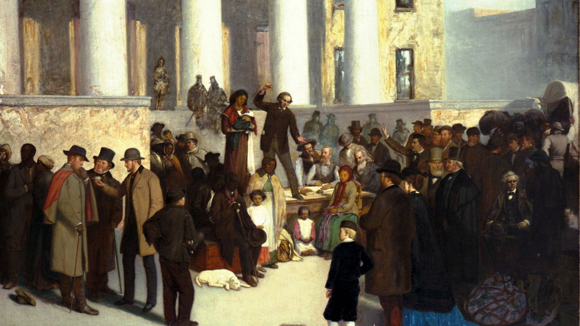 An 1800s painting by Thomas Satterwhite Noble that shows abolitionists ruining the process of selling of slaves in St. Louis.