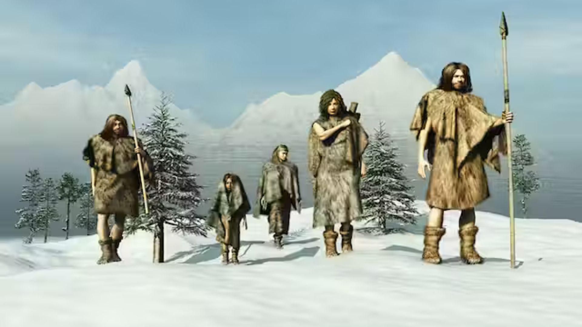 Illustration of early Homo sapiens traveling through snowy mountains