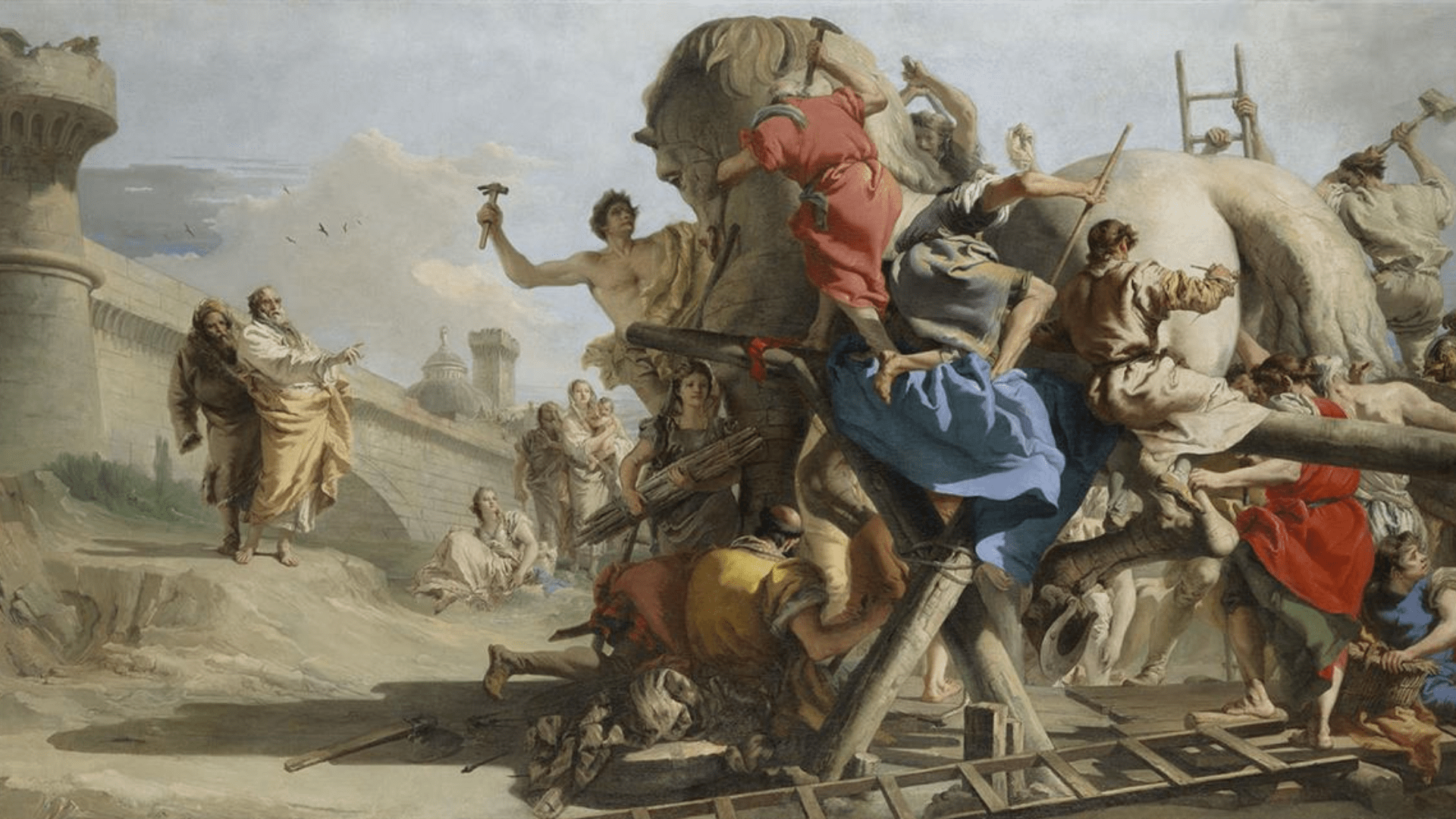 Giovanni Domenico Tiepolo’s oil-on-canvas painting The Building of the Trojan Horse, depicting numerous people working on the fabled war device.