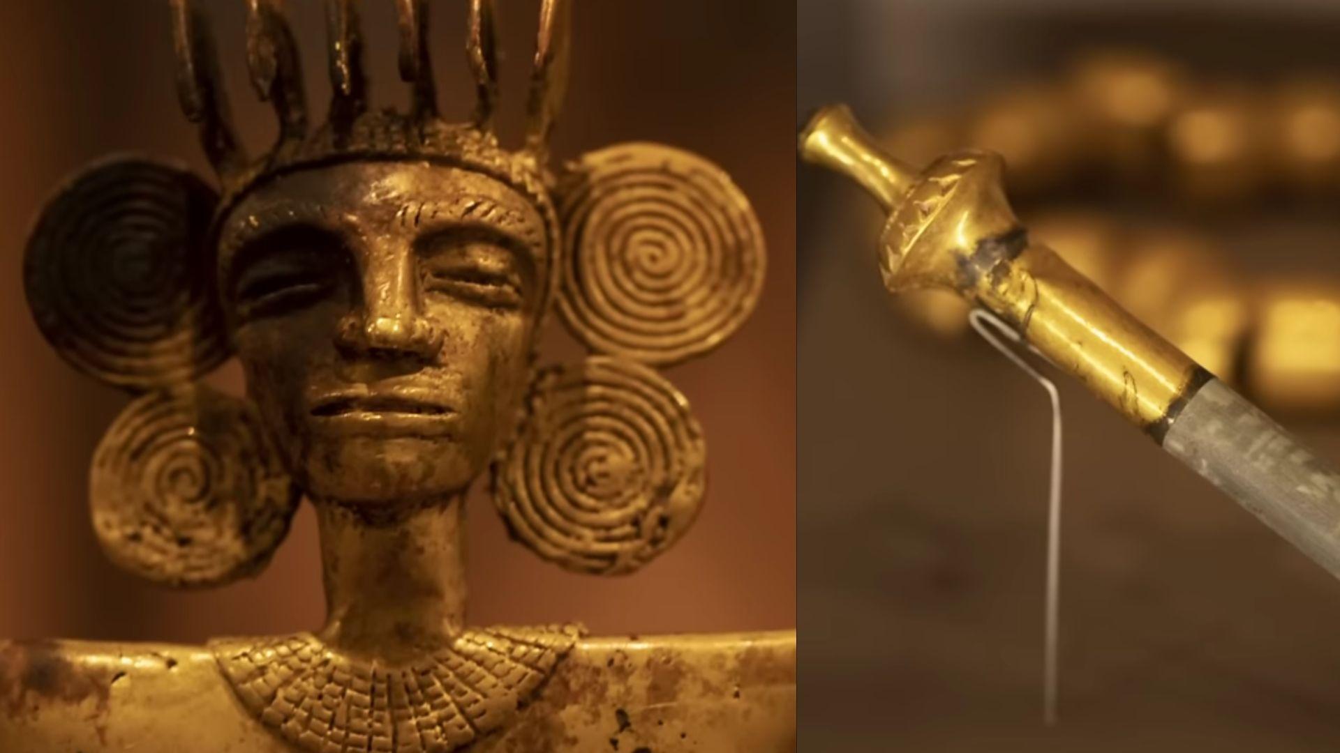 Intricate gold statue and other artifact found in tomb No. 9 at the El Caño archaeological site in Panama