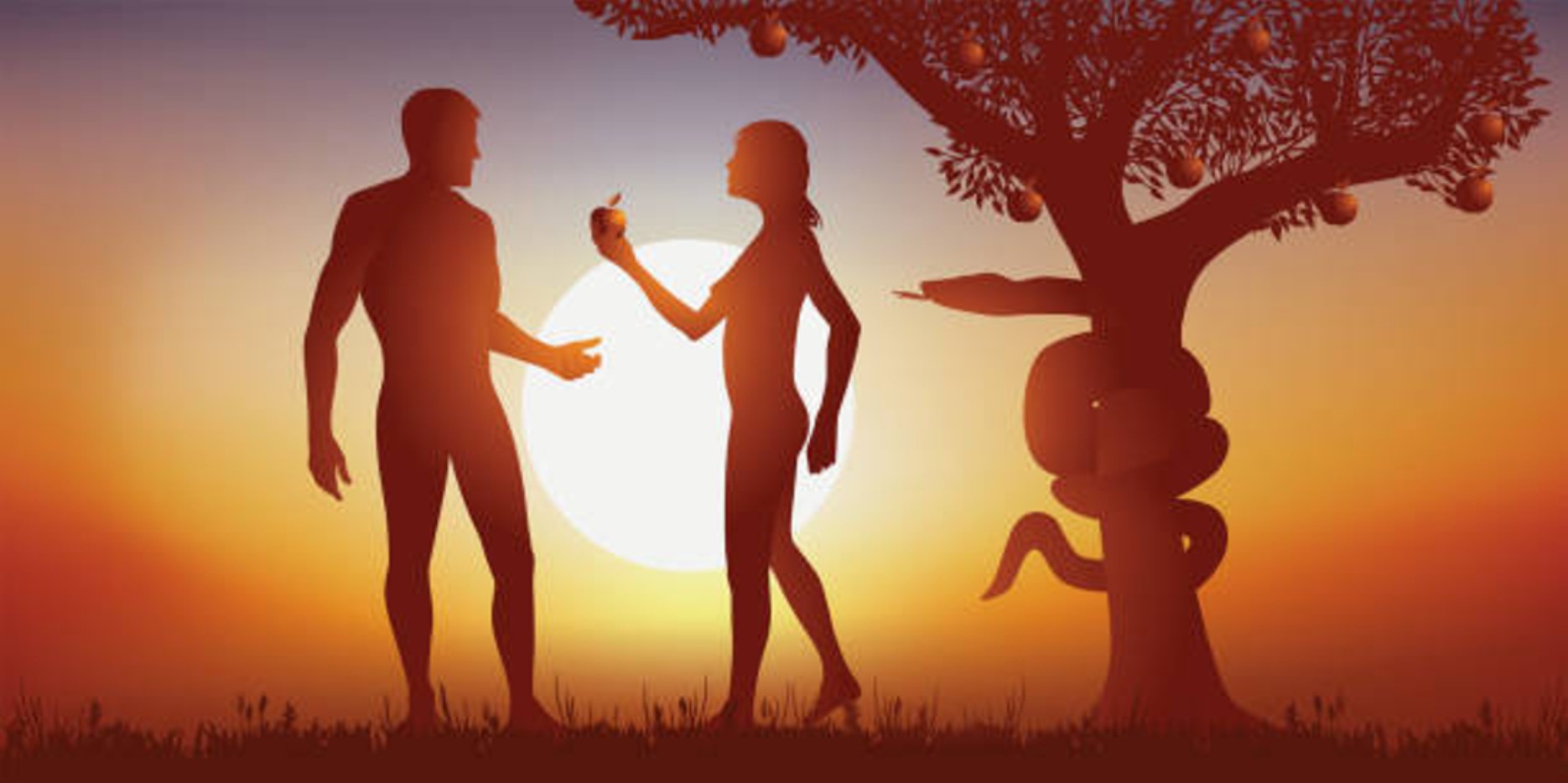 Digital illustration of Eve giving Adam the poisoned apple