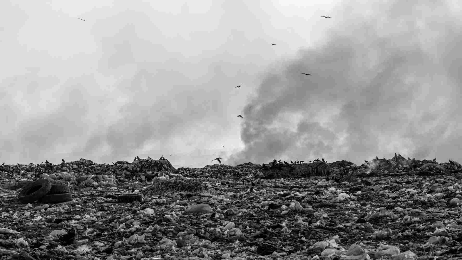 Smoke rises out of a grey landscape filled with waste.