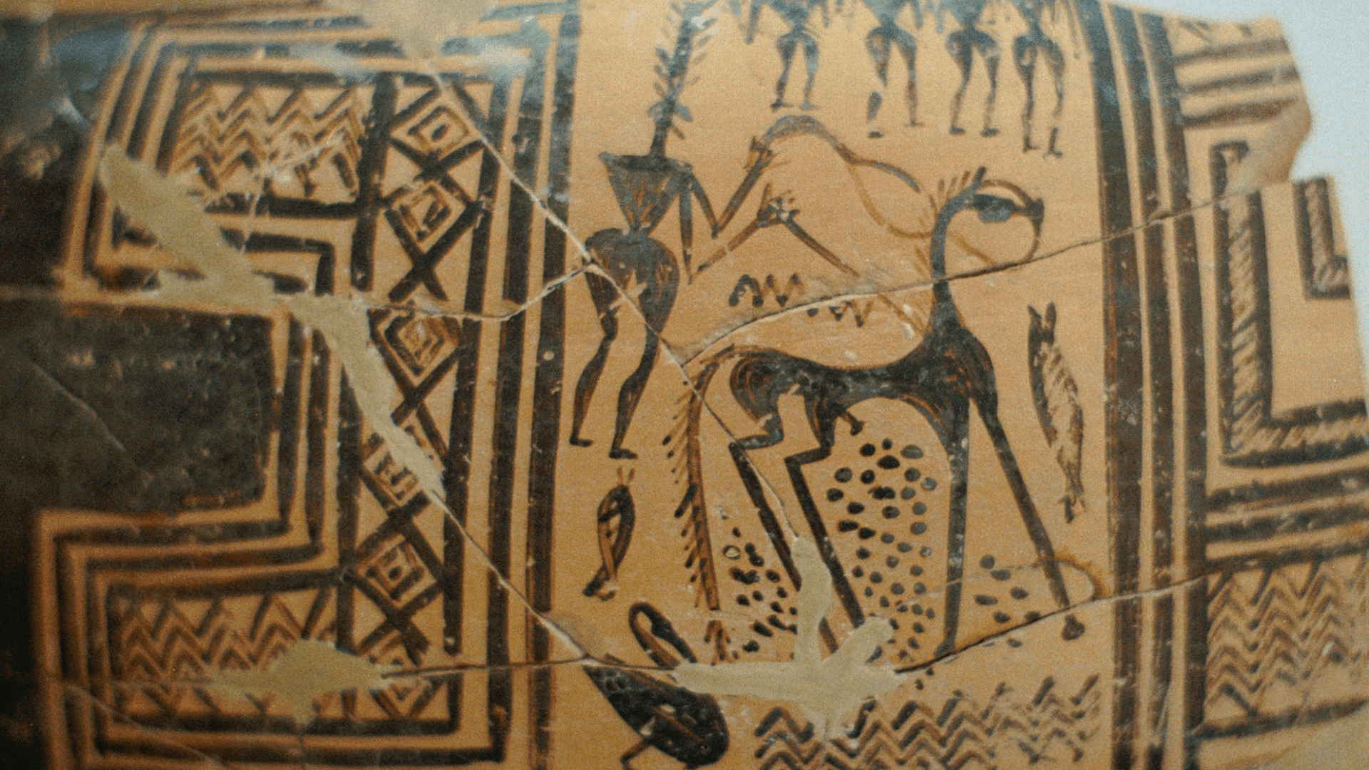 Greek geometric pottery from the 8th century BCE depicting a female figure with high headdress sacrificing a horse who is at the water, surrounded by fish and pelicans.
