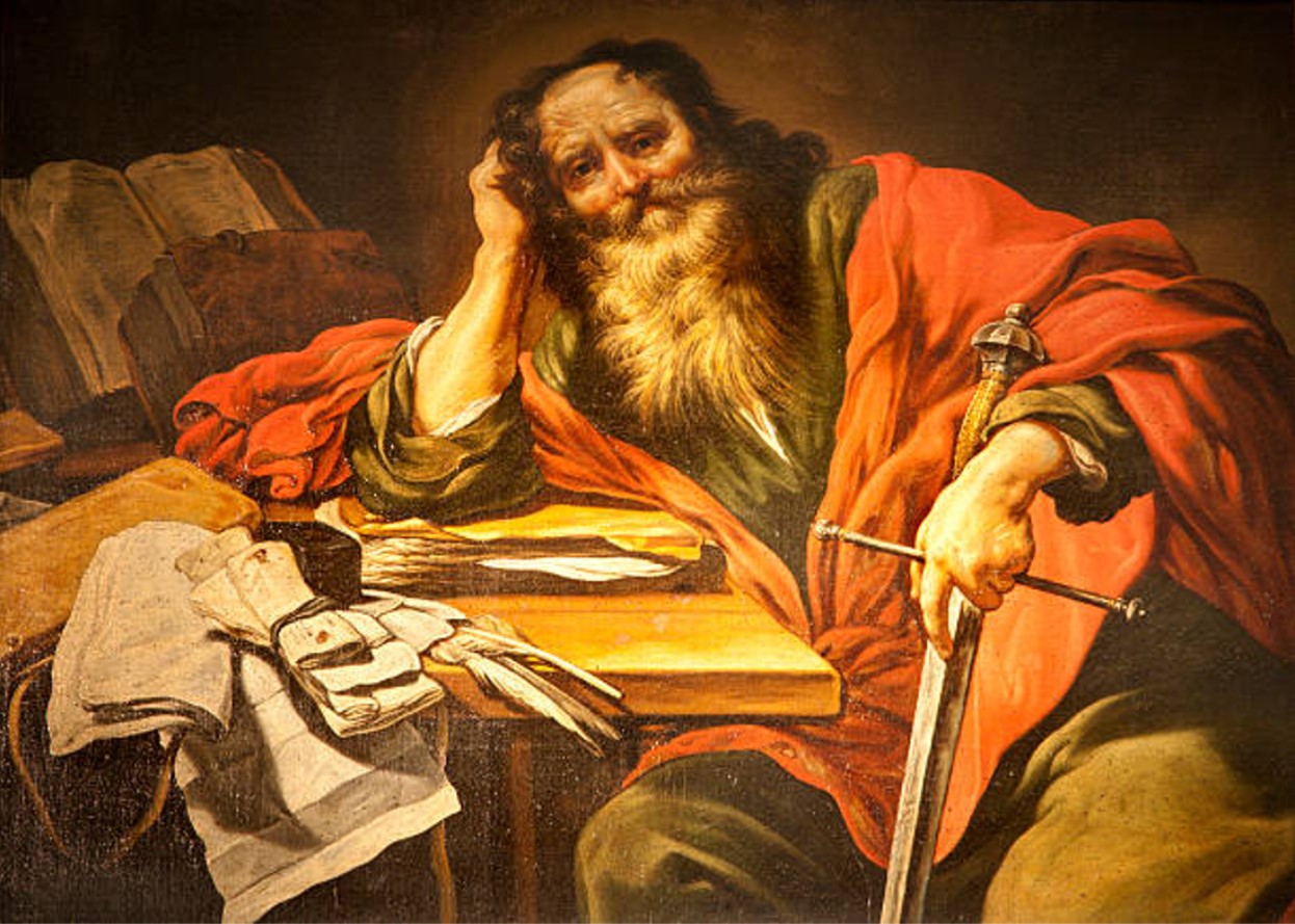 Illustration of the Apostle Paul leaning on a desk with a large sword