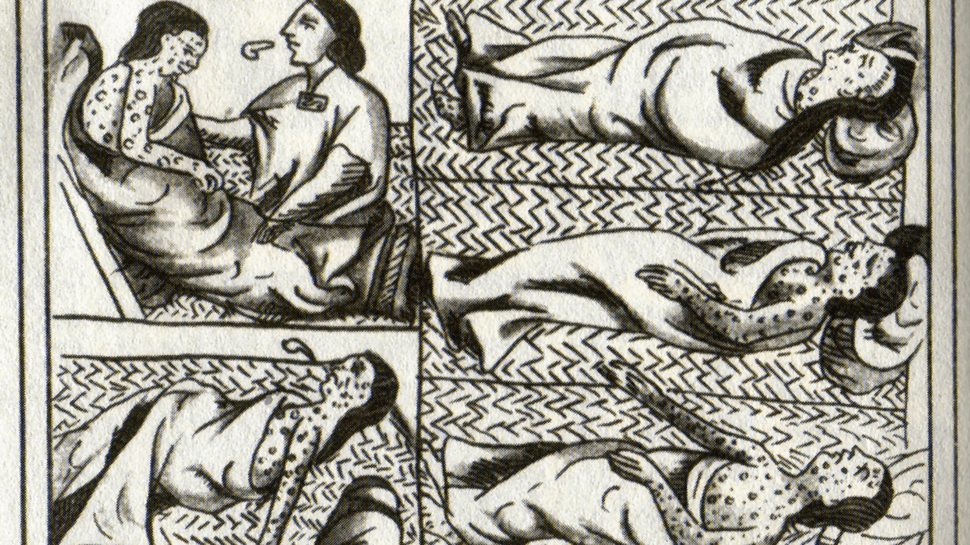 A depiction of Aztec citizens infected with disease on beds. The top panel shows an Aztec shaman with a diseased individual.