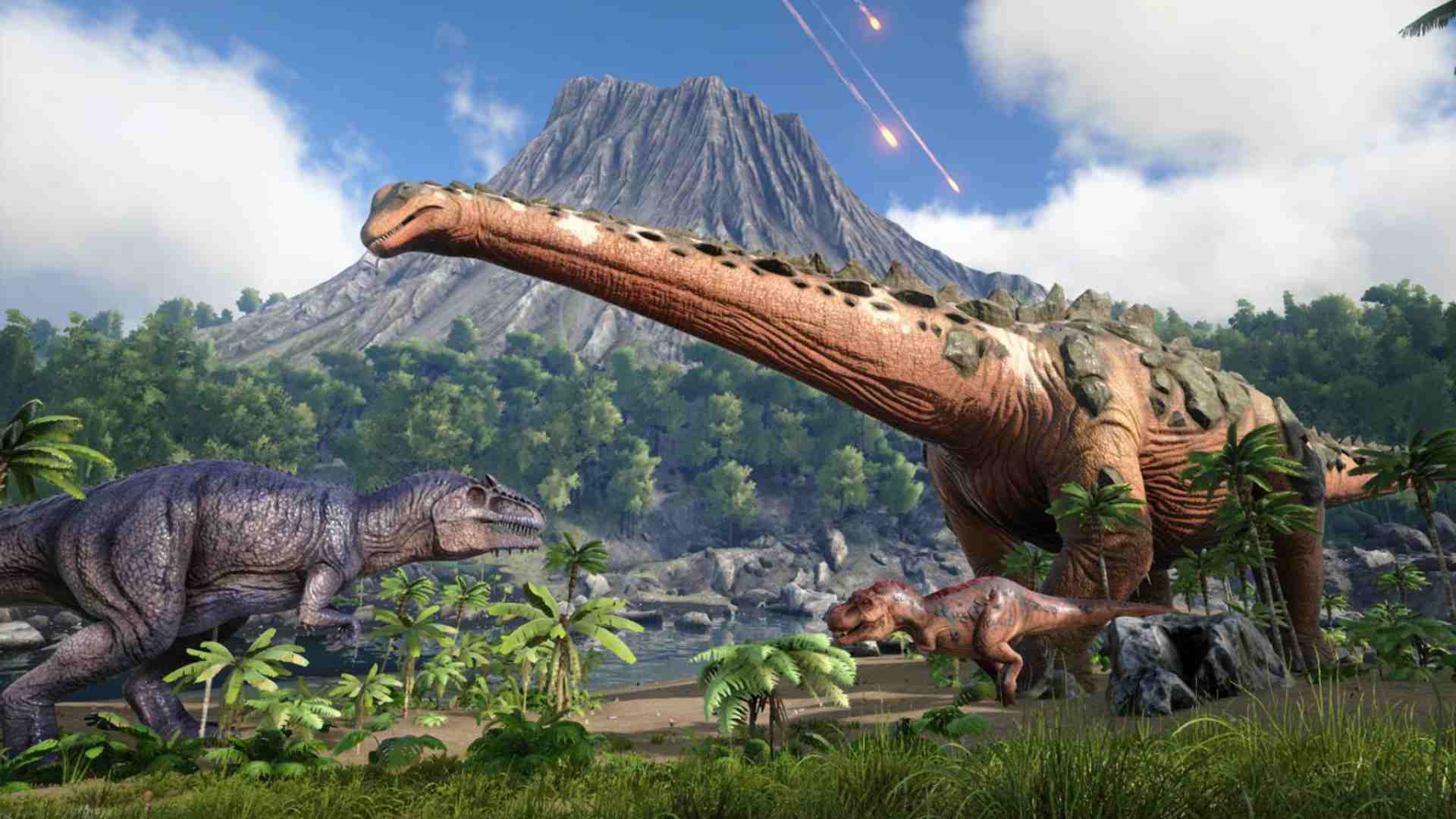A Titanosaurus pictured among other dinosaurs.
