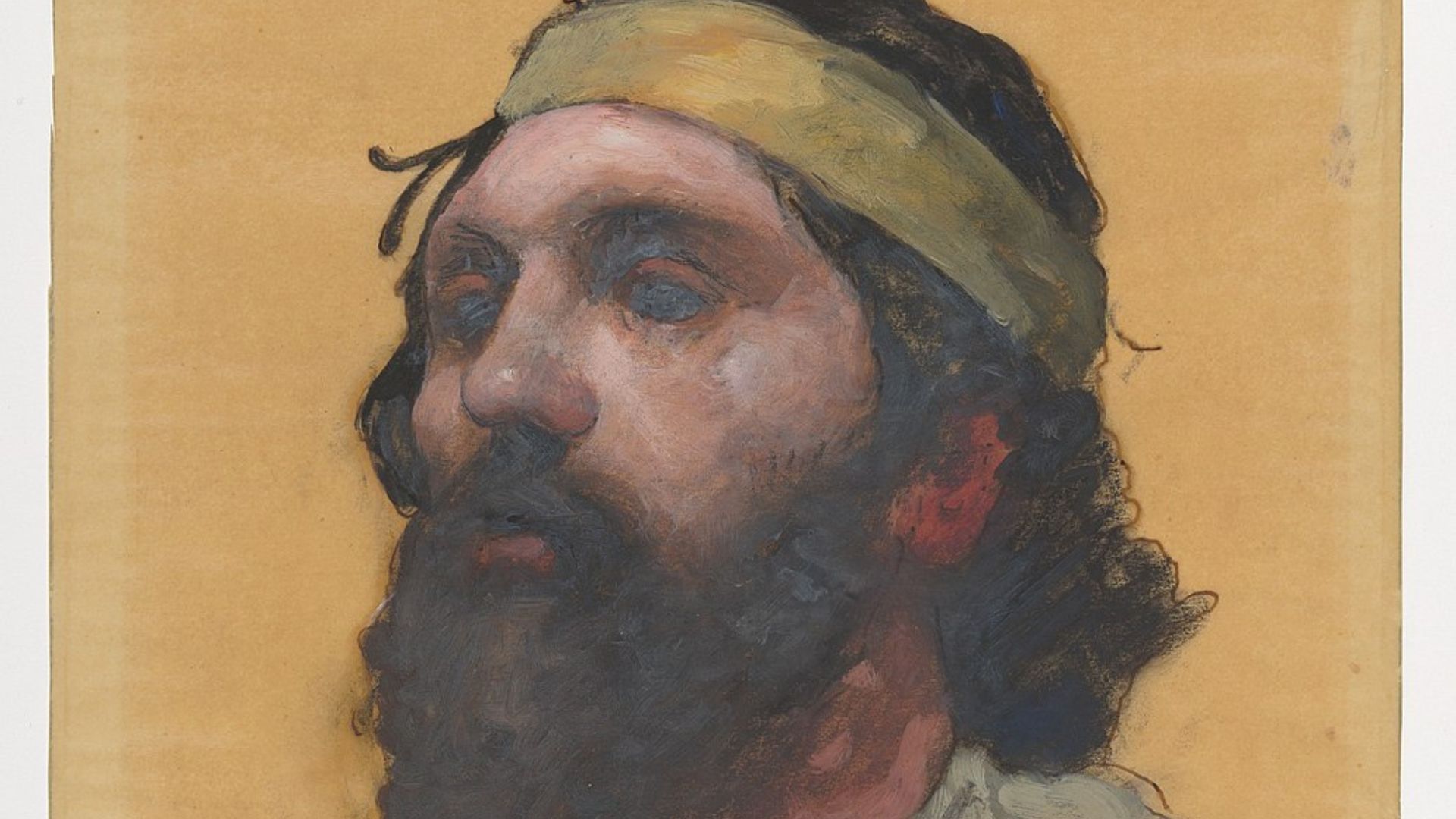 Artistic portrait of a man with a dark beard and mustache against a yellow background. He is wearing a yellow headband with a knot on the side. His gaze is directed away from the viewer, and the painting is characterized by expressive brushstrokes that give texture to his beard and headband