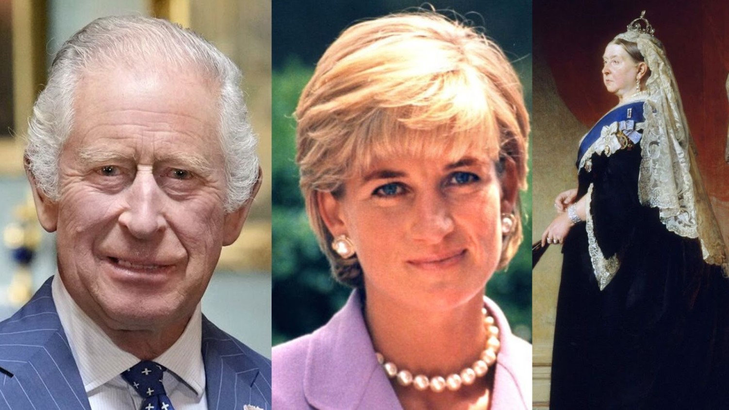 An up-close image of King Charles dressed in a pin-striped suit/A photograph of Princess Diana dressed in a purple suit and wearing a pearl necklace/An portrait of Queen Victoria painted in a long black dress