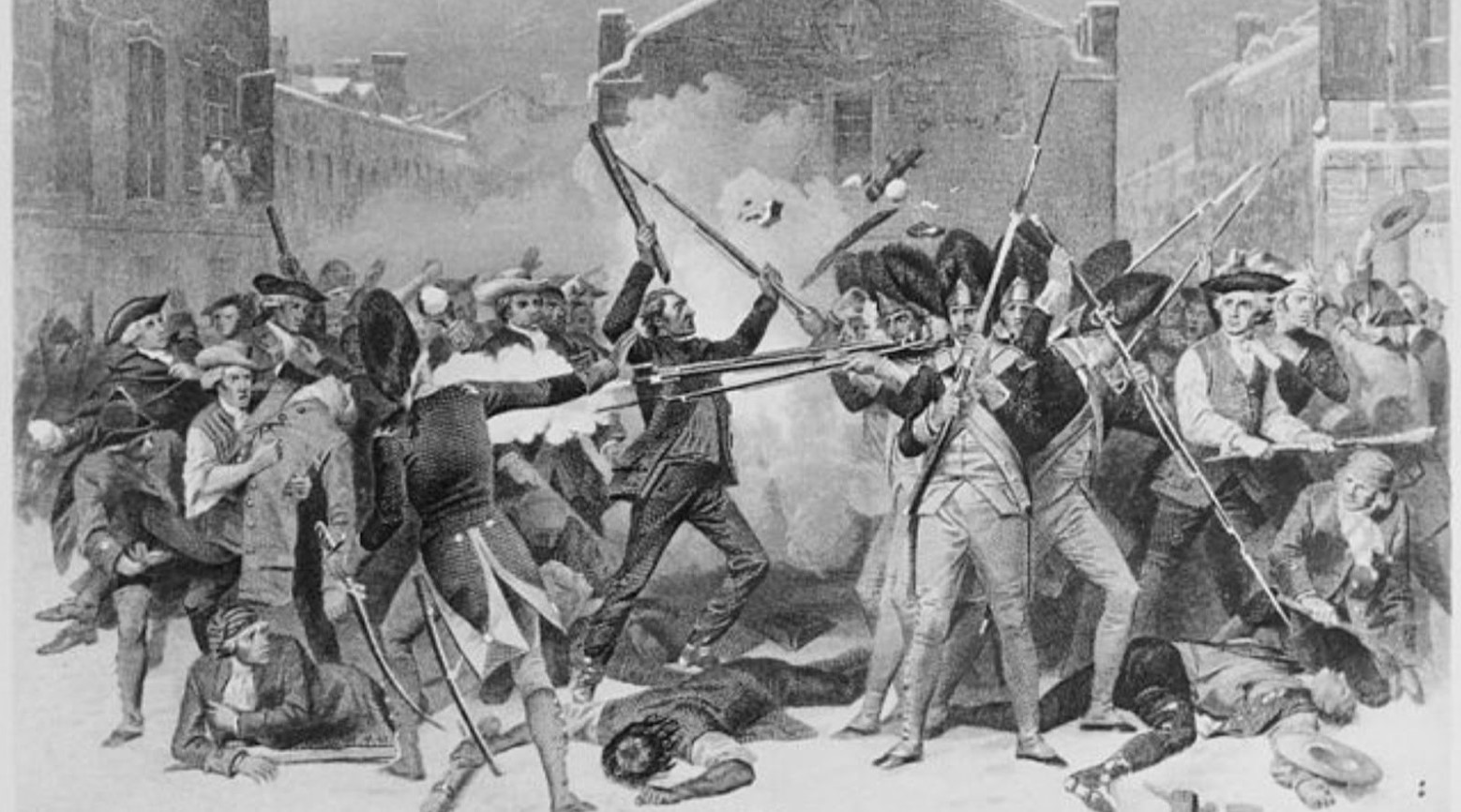 A black and white drawing of the Boston Massacre. There are people on either side fighting with guns and swords. Some people are lying on the floor.