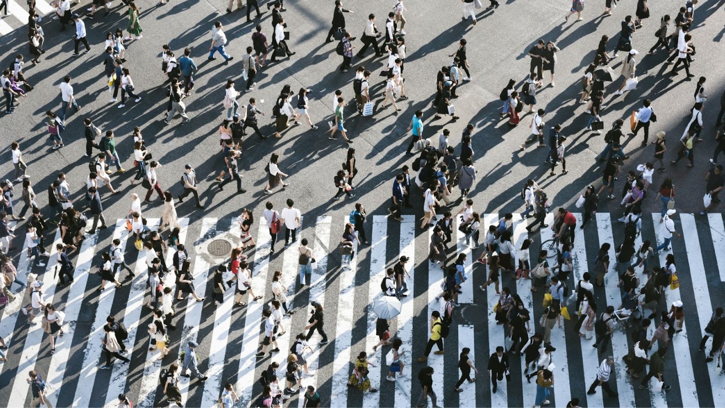 An aerial view of a crowded pedestrian crossing with people walking across white zebra stripes on the road. The crossing is bustling with individuals and groups in various directions