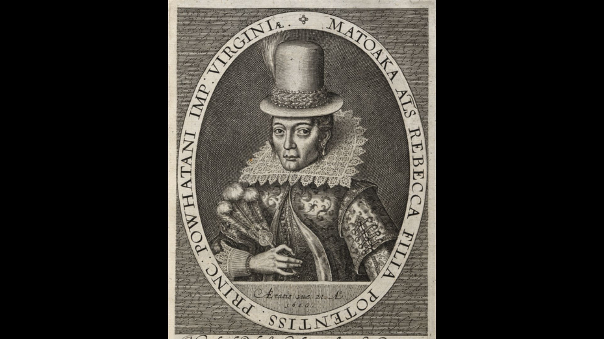 Engraved portrait of Matoaks or Rebecka, the Native American woman better known as Pocahontas, made in 1616 during her trip in England