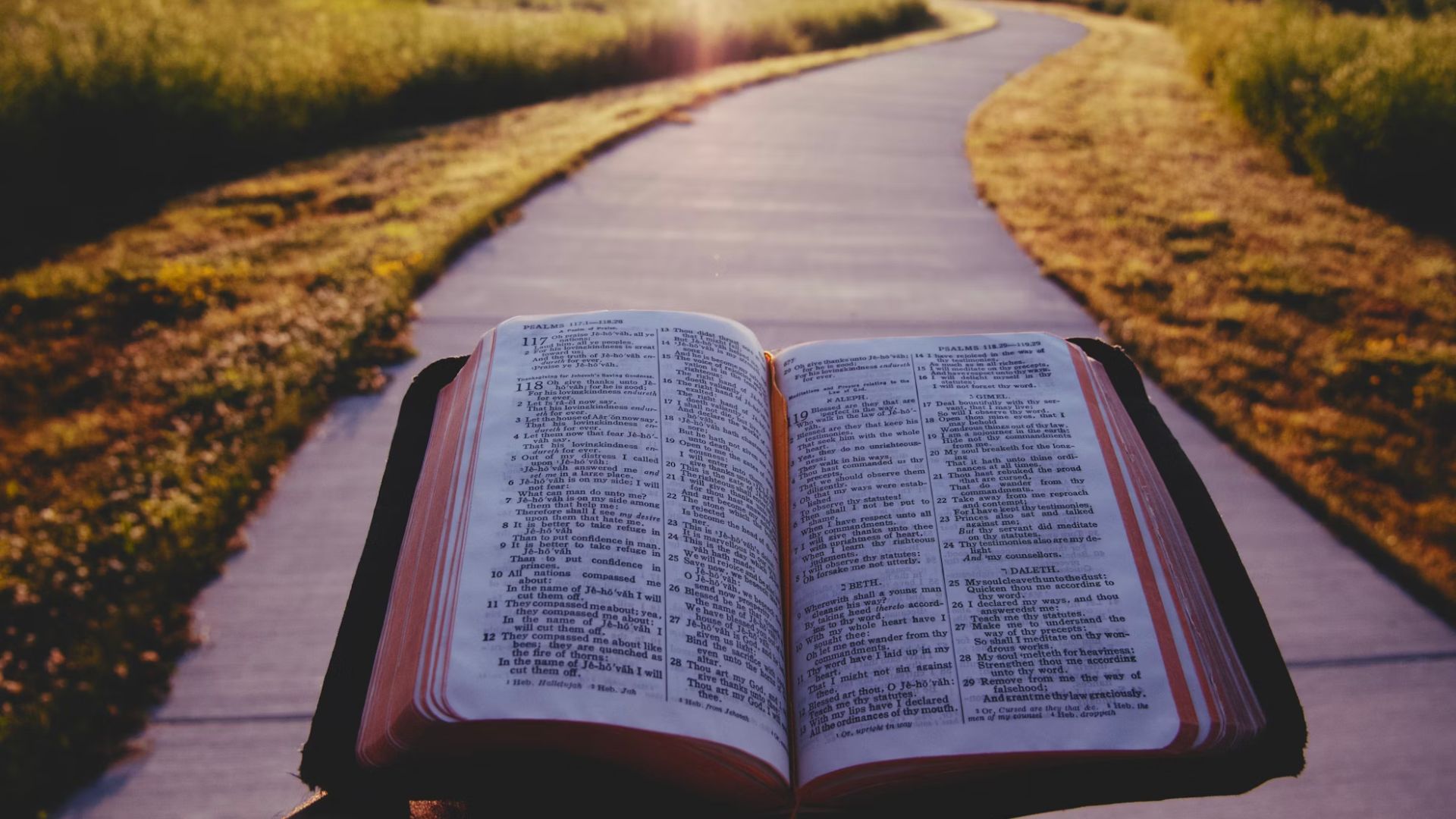 Someone out on a walk reading the Bible. There is a long, winding path in front of them and the sun is setting.