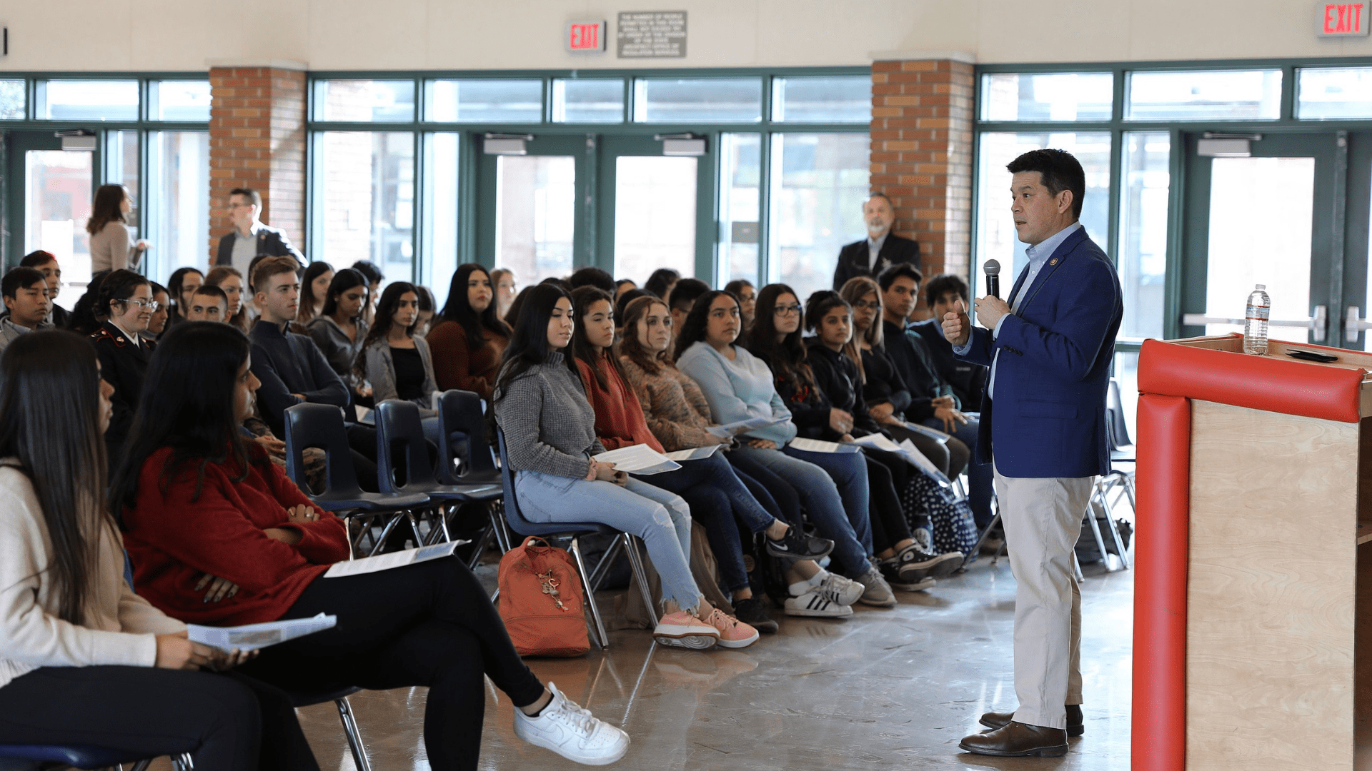 California state representative TJ Cox speaking to a class at Selma Public High School.
