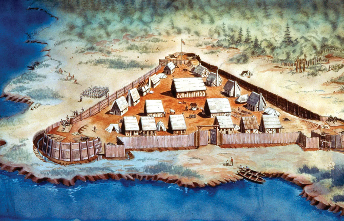 Illustration of the original colony of Jamestown in what is now Virginia