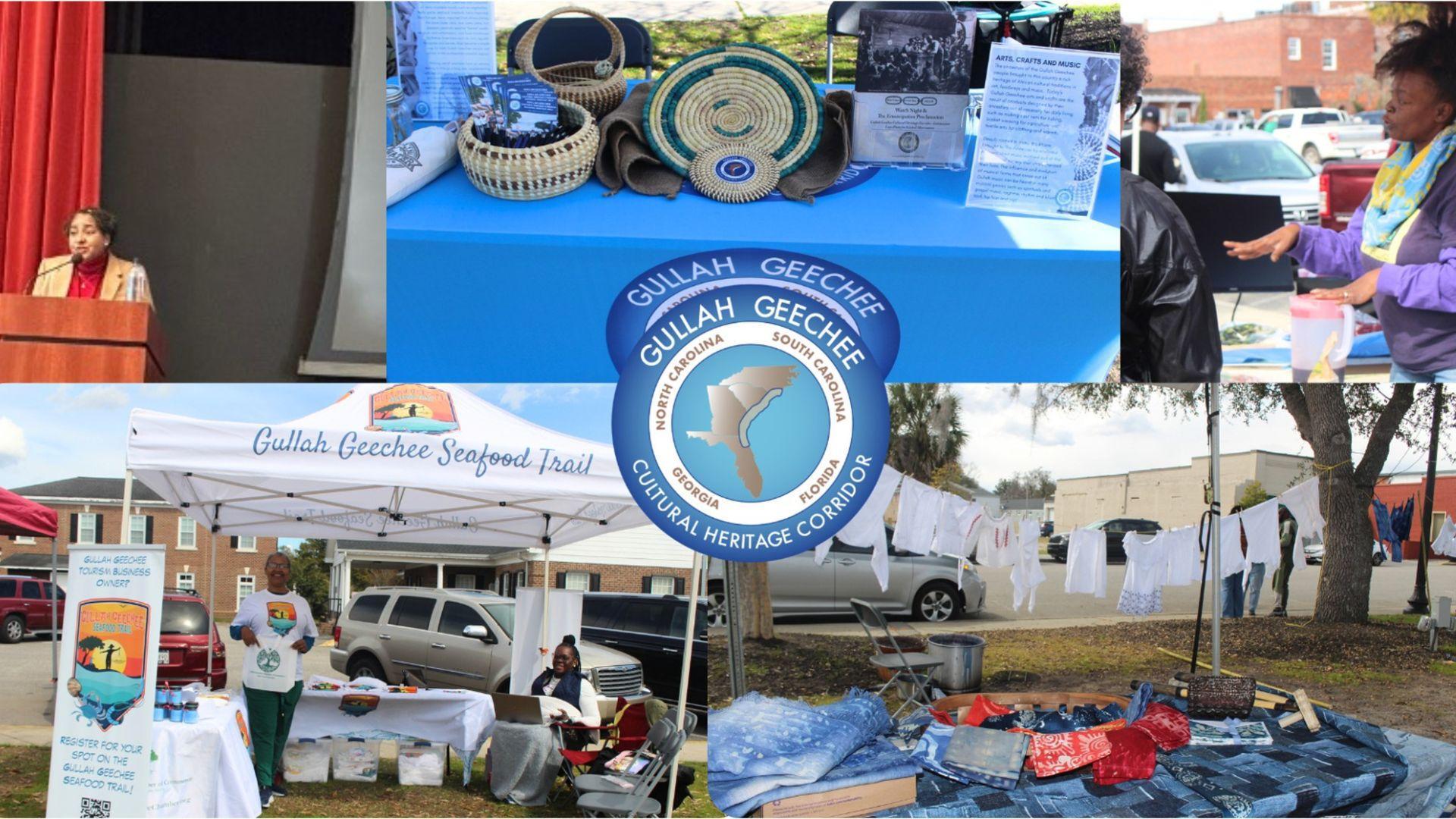 A collage of images representing various aspects of the Gullah Geechee cultural heritage. The top left photo shows a woman speaking at a podium. The top middle photo displays handcrafted baskets on a table with information leaflets. The top right photo features a woman engaging with visitors at a booth. The bottom left photo presents a Gullah Geechee Seafood Trail tent with a smiling individual. The bottom middle photo has an emblem of the Gullah Geechee Cultural Heritage Corridor. Lastly, the bottom right photo depicts an outdoor sale with clothes hanging on a line and items laid out on a blanket