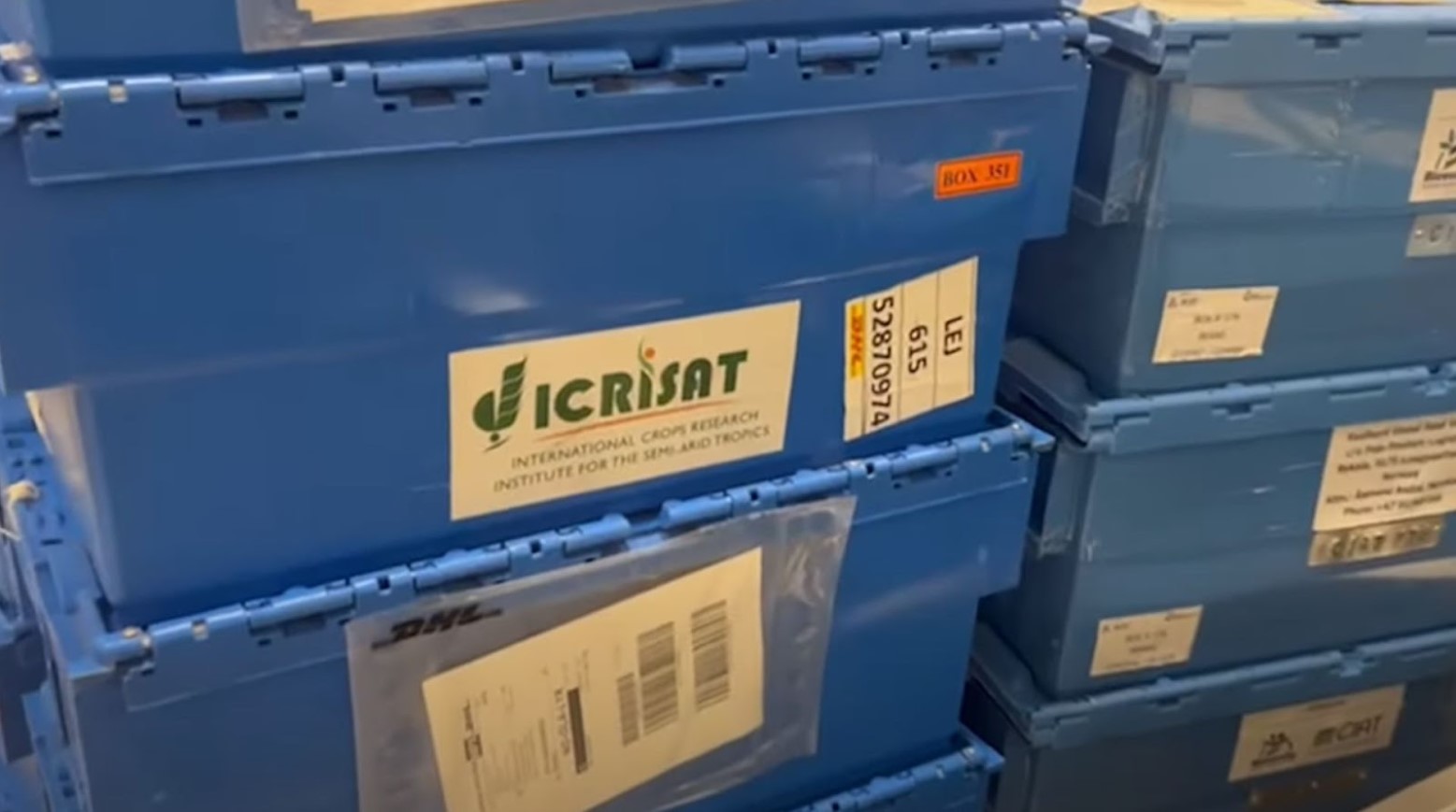 Blue boxes piled on top of each other that contain seed donations from different countries.