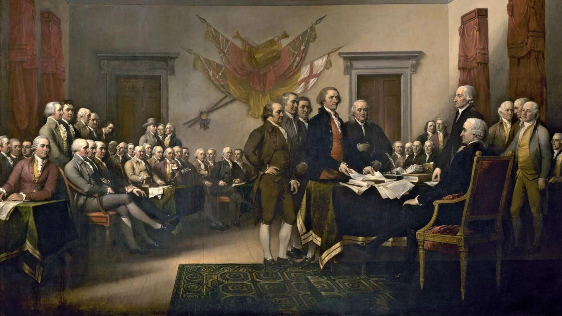 Painting of the United States Founding fathers signing the Declaration of Independence