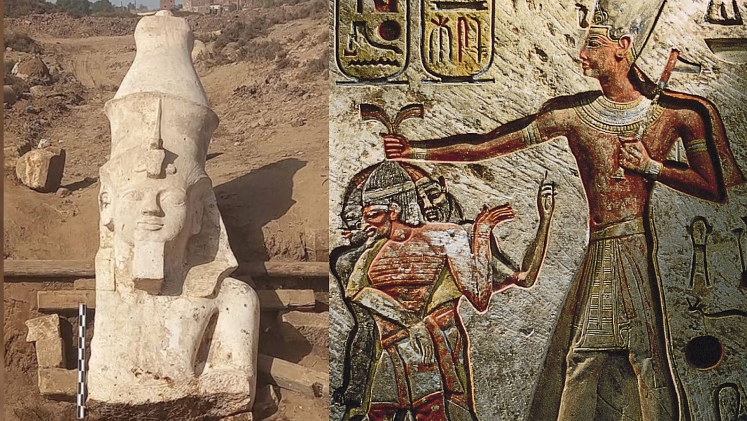 The statue of Ramses II discovered in modern-day el-Ashmunein /A relief of Ramses II in Memphis, which shows the Pharaoh capturing enemies
