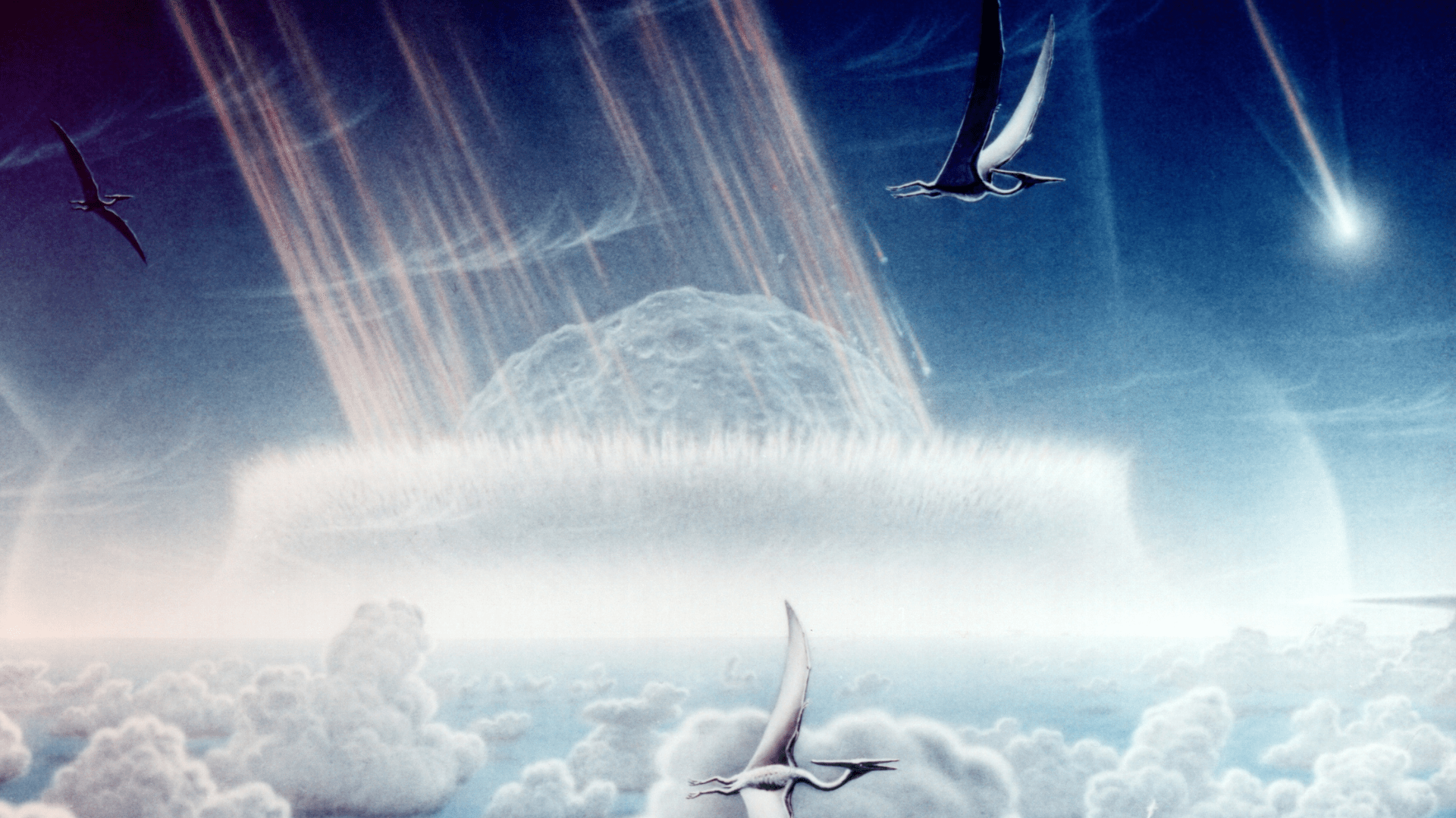 The asteroid that killed the dinosaurs 66 million years ago crashes into the distance. Birds and clouds surround it.