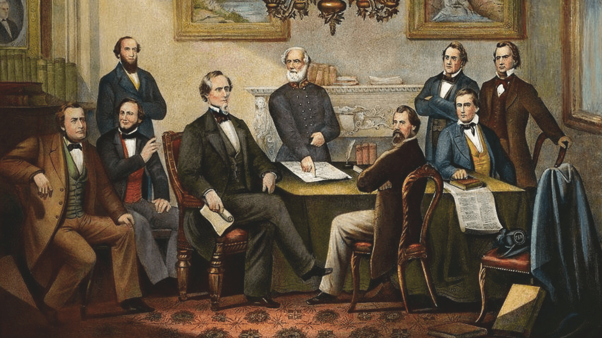 A colored drawing of Jefferson Davis and his cabinet, with Robert E. Lee standing in military uniform in the center pointing at a document.