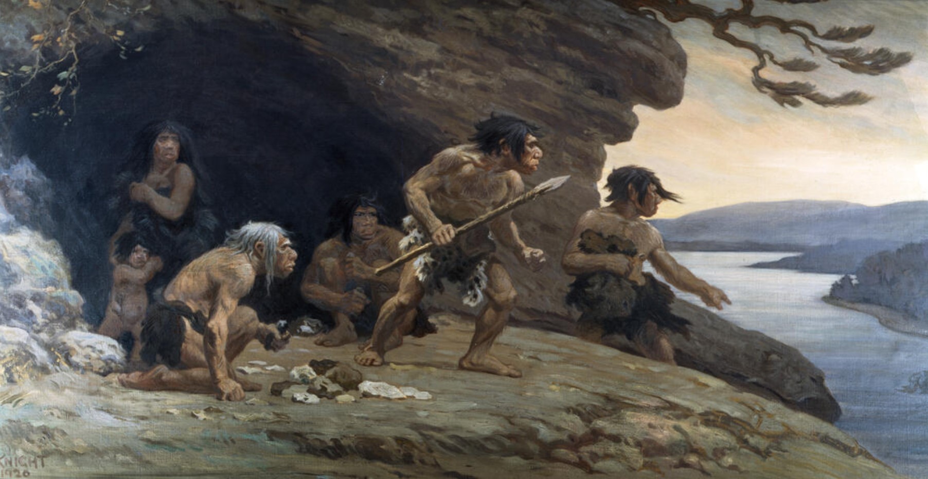 A painting depicts a group of ancient hunter-gatherers living close to a cave